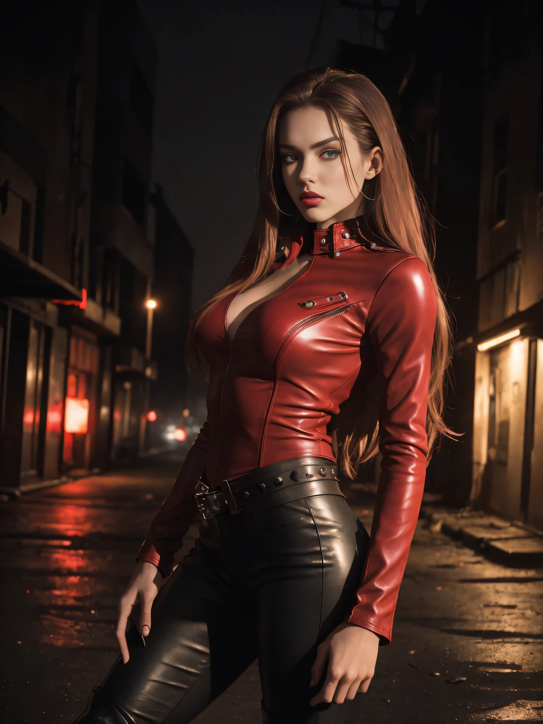full length young beauty sexy 18 year old Instagram model girl , red very long hair, green eyes, red lips, scowling expression, piercing gaze, wearing tight leather pants, tight leather jacket, in a red sleeveless t-shirt, leather boots, standing in a deserted post-apocalyptic small town street at night in the fog, faded dark colors