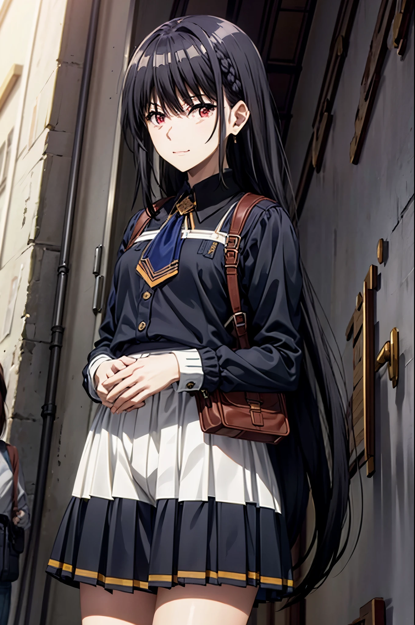 1girl,black hair,red eyes,medium breast,narrow waist, ,1girl, solo, masterpiece, best quality, very aesthetic, outdoors, black skirt, , braid, braided ponytail, closed mouth, collared shirt, cowboy shot, dutch angle, from below, green ribbon, hair over one eye, hair over shoulder, hand up, long hair, long sleeves, looking down, neckerchief, own hands together, ponytail, ribbon, school bag, , skirt, smile, standing, swept bangs, v-shaped eyebrows,
