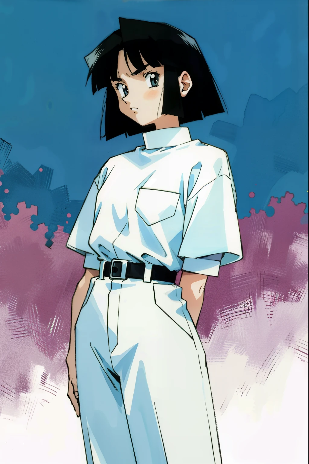 by Ken Sugimori, sugimori 1990s, ((only 1woman)), security guard, white shirt, scowling ((hands behind their back)), full black pupils, manga, best quality, highly detailed, clean lines, cowboy shot, good hands, good eyes, hd, 8k, professional, symmetrical, hires, 8k,