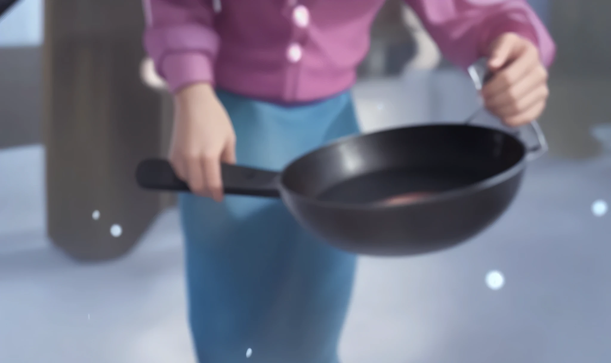 There is a cartoon image,A woman holding a frying pan, chefing, chefing it up, frying pan, Movie sceneclose up, Propaganda Art, close up, close up view, Middle close up shot, Dynamic close up, spoon, chef, super close shot, Tick, A true close up shot, Animation key shots, Available images