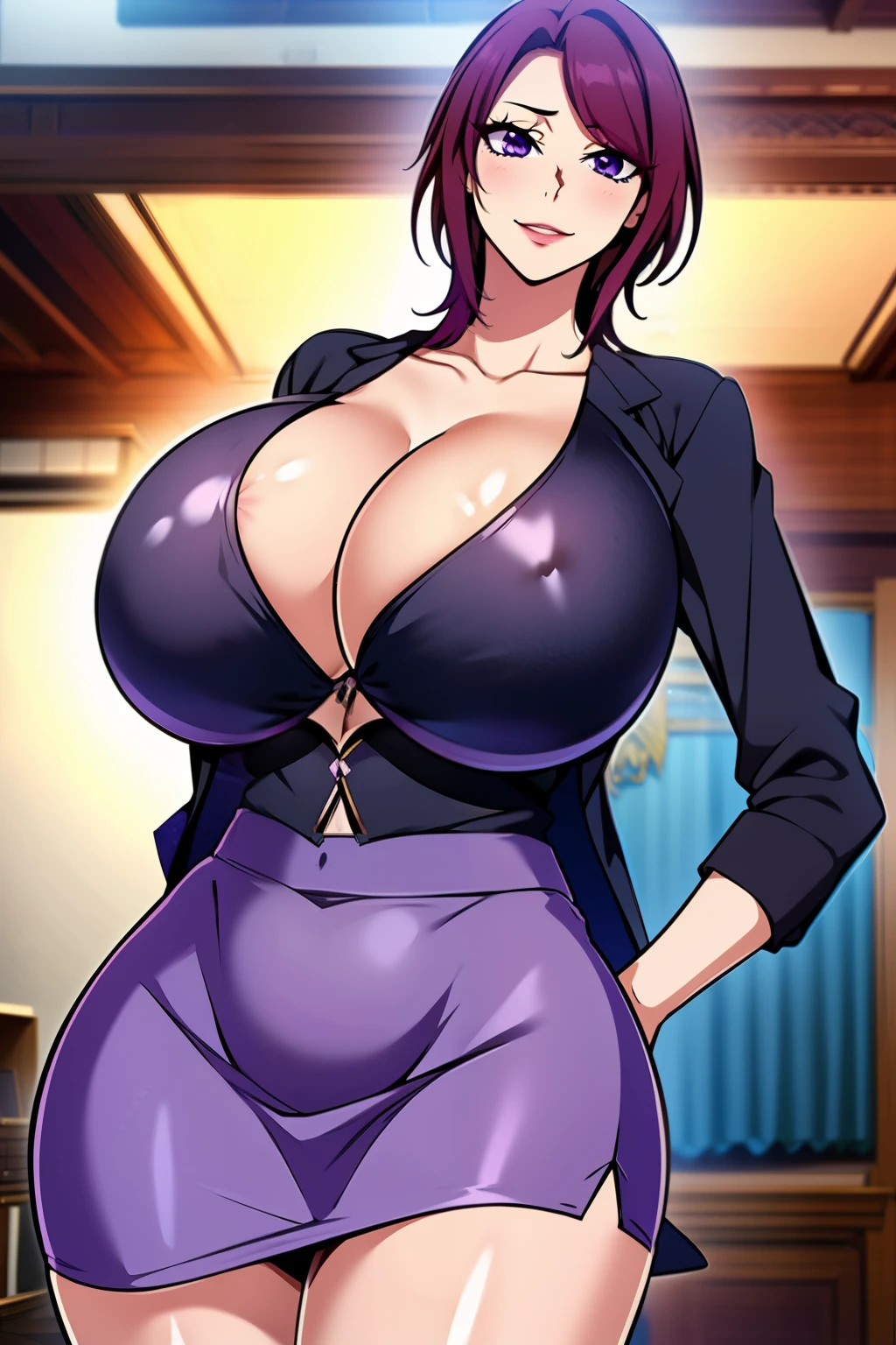 An anime-style artwork depicting Yoshioka_Maki from the game mesukyoshi4l.
Tags: Yoshioka_Maki, anime, detailed eyes, detailed lips, ass, (black skirt suit:1.1), (jacket:1.4), cleavage, pencil skirt, miniskirt,curvy, thighs, higheels, shiny clothes, skin tight, cleavage, long hair, solo, huge breasts, (violet eyes), smiling expression, intense gaze, dynamic pose, indoor, palace, vibrant colors, digital art, high-resolution, professional quality, gigantic breasts, (underboob : 1.4), curvy, cowboy shot, (gigantic breasts: 1.4),