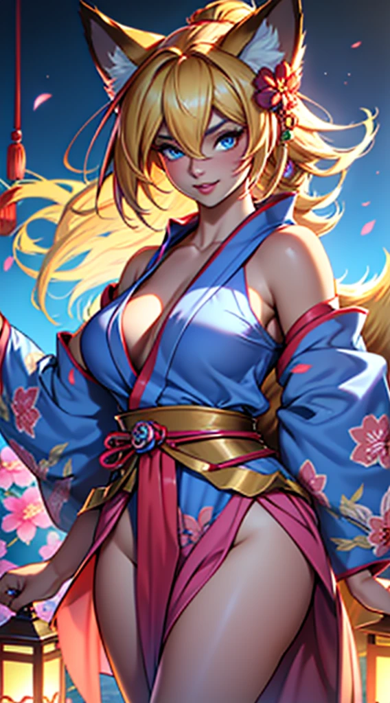 A portrait of a radiant adult woman with a warm smile directed at the viewer, she have nine "vulpine tails"(foxtails),Ahri (league of legend), Her long blonde hair is straight(frensh braid)(hair red flower)((hime cut)),"Her hairs are hidding her ears", Her eyebrows are small and refined, captivating purplish-blue eyes with bold red eyeshadow applied generously at the bottom of her eyes, Her facial features are delicate and finely shaped with a small refined nose and full lips, large and tall fluffy fox ears in vibrant orange with black tips, no clevage, Woman body set big breasts((accentuated large hips)), perfect body, She wears a wide traditional blue yukata adorned with intricate floral patterns(blue yukata),the background features a vibrant Chinese New Year celebration, lanterns, fireworks, traditional decorations, beautiful scenery,(Masterpiece, best quality, ultra-detailed),8k ultra-detailed features