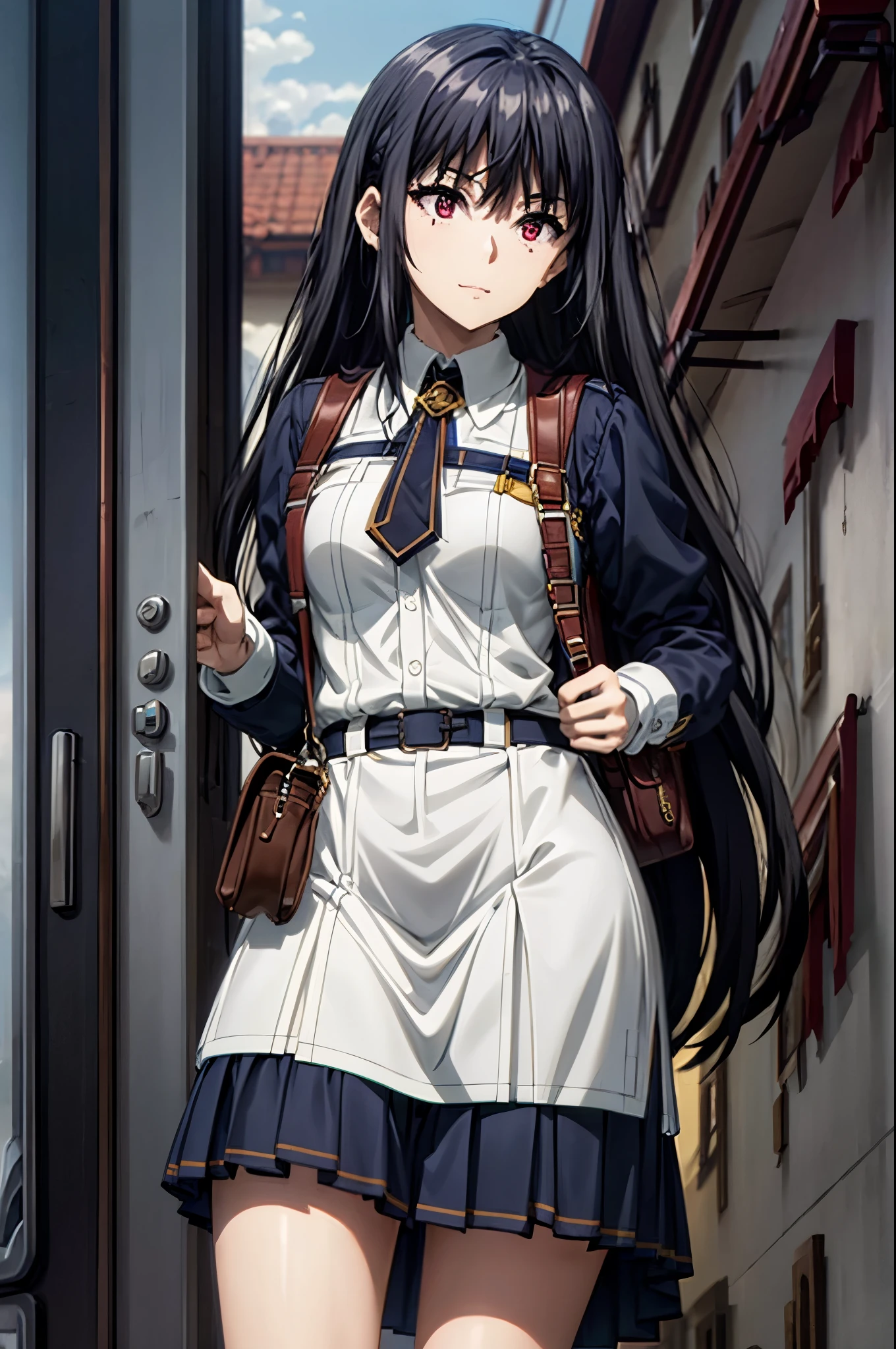 1girl,black hair,red eyes,medium breast,narrow waist, ,1girl, solo, masterpiece, best quality, very aesthetic, outdoors, black skirt, , braid, braided ponytail, closed mouth, collared shirt, cowboy shot, dutch angle, from below, green ribbon, hair over one eye, hair over shoulder, hand up, long hair, long sleeves, looking down, neckerchief, own hands together, ponytail, ribbon, school bag, , skirt, smile, standing, swept bangs, v-shaped eyebrows,