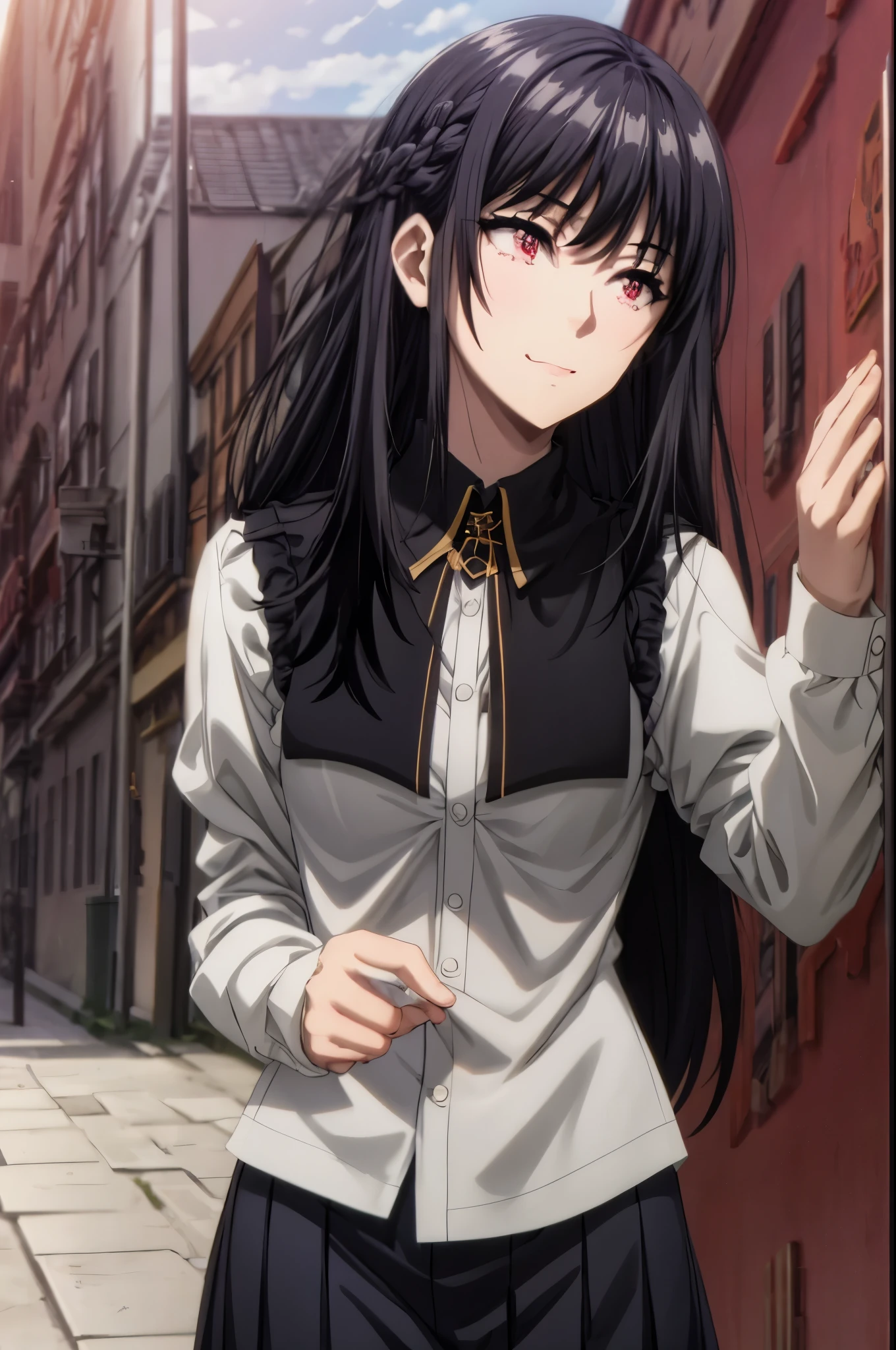 1girl,black hair,red eyes,medium breast,narrow waist, ,1girl, solo, masterpiece, best quality, very aesthetic, outdoors, black skirt, , braid, braided ponytail, closed mouth, collared shirt, cowboy shot, dutch angle, from below, green ribbon, hair over one eye, hair over shoulder, hand up, long hair, long sleeves, looking down, neckerchief, own hands together, ponytail, ribbon, school bag, , skirt, smile, standing, swept bangs, v-shaped eyebrows,