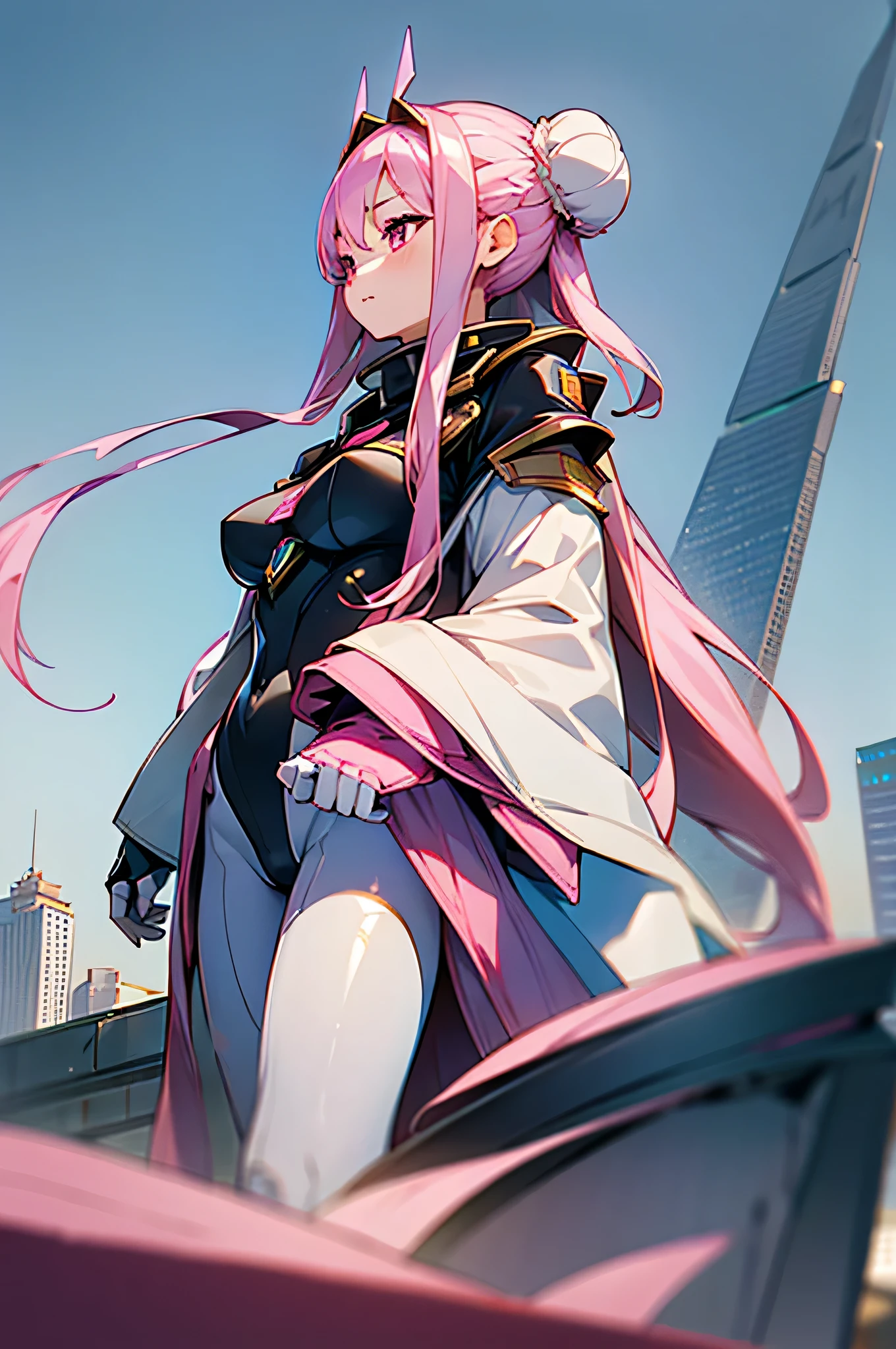 (very good, Professional, Surreal), Skyscrapers rising from the ground,Formation of a spectacular future cityscape. centered in picture, A huge and powerful robot mecha girl stands tall. Pink metal shell shines, She is wearing a black bodysuit, masterpiece, highest quality, High resolution, {finely beautiful eyes}, finely, finely beautiful eyes,1 girl, (alone:1.5), (Hair Ribbon:0.4), Pink Eyes,movie angle,perspective,White bun hair,long pink hair,
