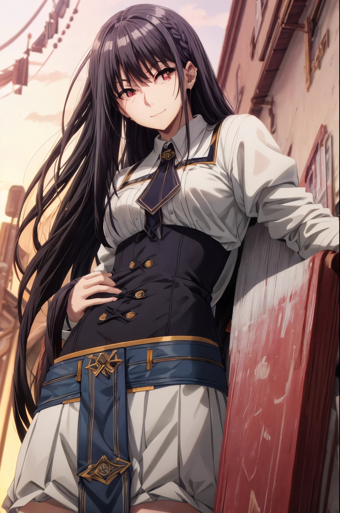 1girl,black hair,red eyes,medium breast,narrow waist, ,1girl, solo, masterpiece, best quality, very aesthetic, outdoors, black skirt, , braid, braided ponytail, closed mouth, collared shirt, cowboy shot, dutch angle, from below, green ribbon, hair over one eye, hair over shoulder, hand up, long hair, long sleeves, looking down, neckerchief, own hands together, ponytail, ribbon, school bag, , skirt, smile, standing, swept bangs, v-shaped eyebrows,