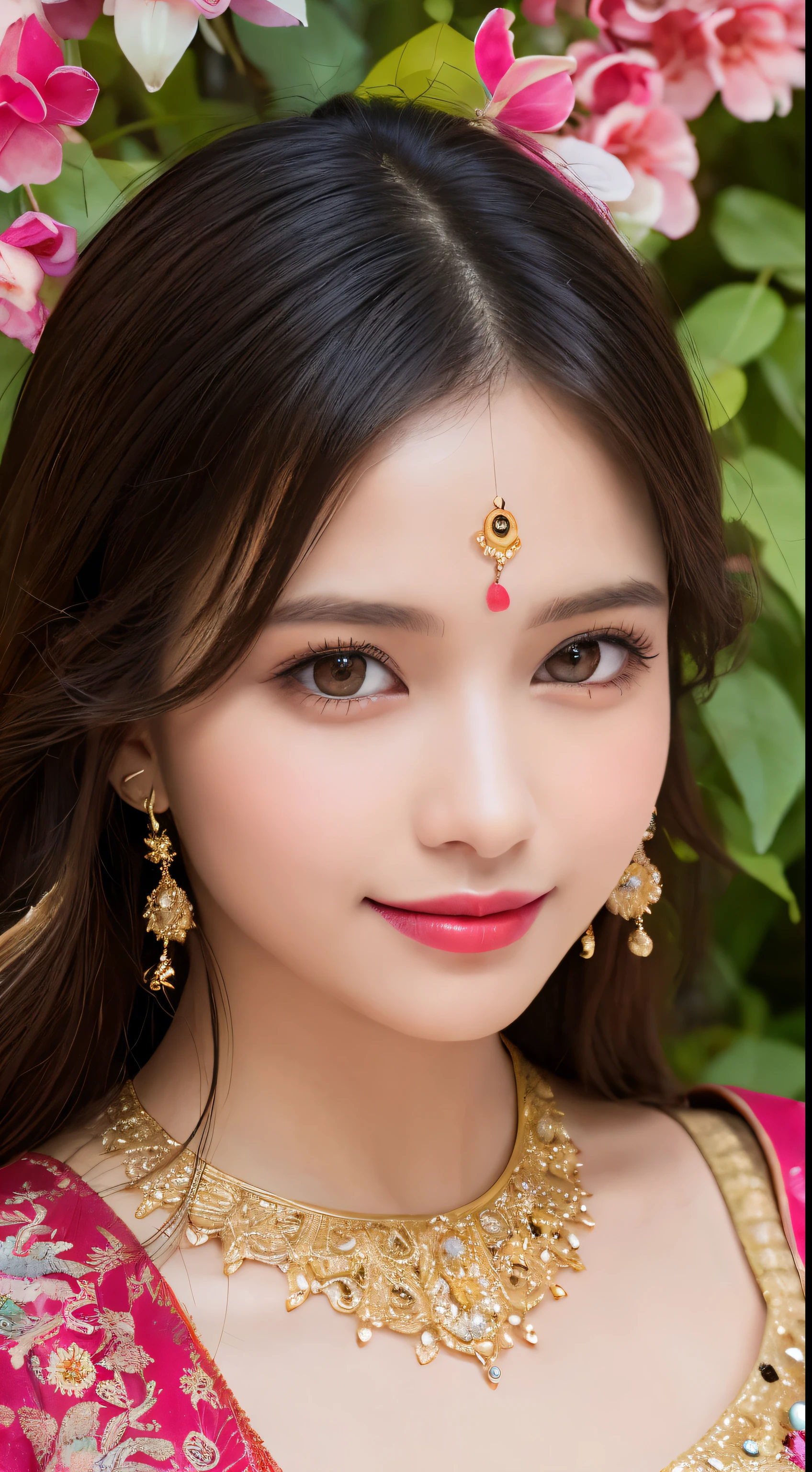 (highres,masterpiece:1.2),ultra-detailed,beautiful detailed eyes,beautiful detailed lips,extremely detailed face,longeyelashes,girl,Indian,cultural attire,traditional dress,ornate jewelry,gleaming gems,colorful sari,bright colors,flowing fabric,embroidered patterns,exotic background,rich textures,ornate architecture,lush gardens,delicate flowers,sun-drenched scene,warm tones,vibrant hues,soft lighting,artistic portrait,professional photographer's touch,traditional makeup,expressive eyes,confident smile,peaceful expression,I would like a painting of an Indian girl with big .
