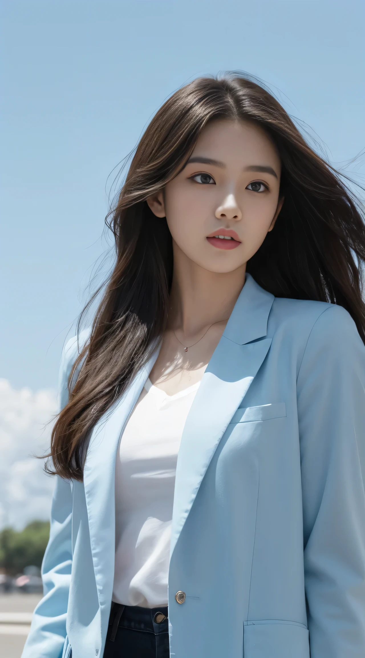 A girl,Beauty and Fashion,long white curly hair,Blue highlights light blue sports jacket,White T-shirt underneath,crossbody bag,Background blue sky and white clouds,Half-length photo,Close-up of face,perfect Eye,Motion capture,Exquisite graphics