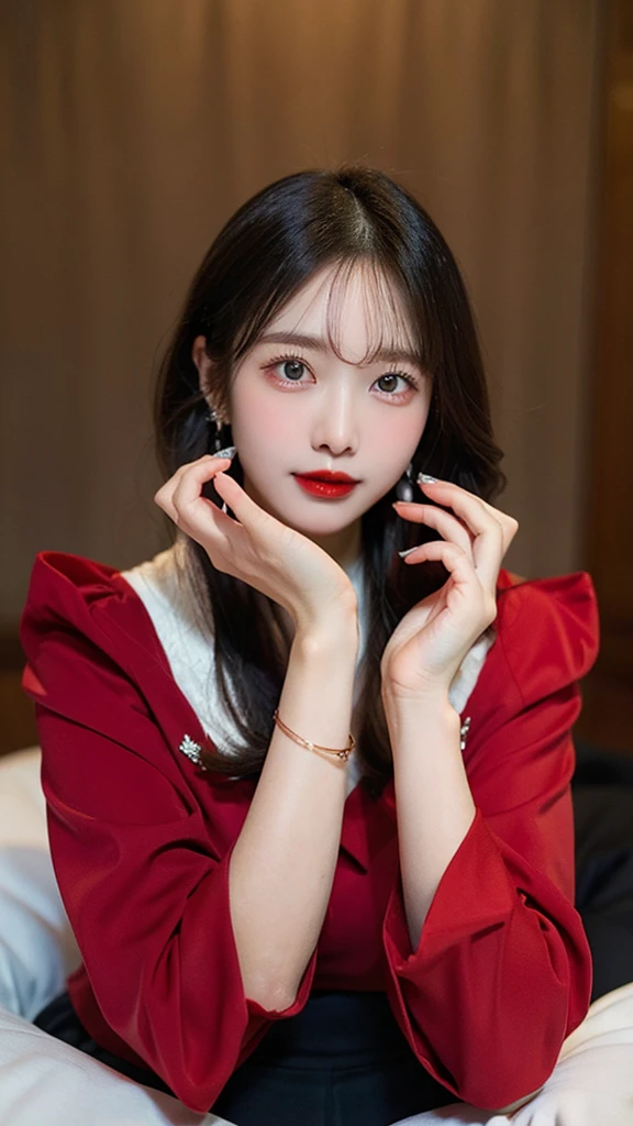 Wearing a red suit on the upper body,Red coat,No underwear,Huge big breasts,Black hip skirt,Black short skirt,A-Line Skirt,she wears black pantyhose on her feet,High heels,Wear wire frame glasses,lie down on a round bed,Mixed race beauty,Fiery red lips,Pure and cute appearance,Sexy look,Being thin,I'm very thin,my legs are thin,Smooth skin,a little rosy face,Diamond Necklaces,Diamond Stud Earrings,Diamond Bracelets,Smooth white skin,Perfect Skin,White and shiny skin,8K,High resolution
