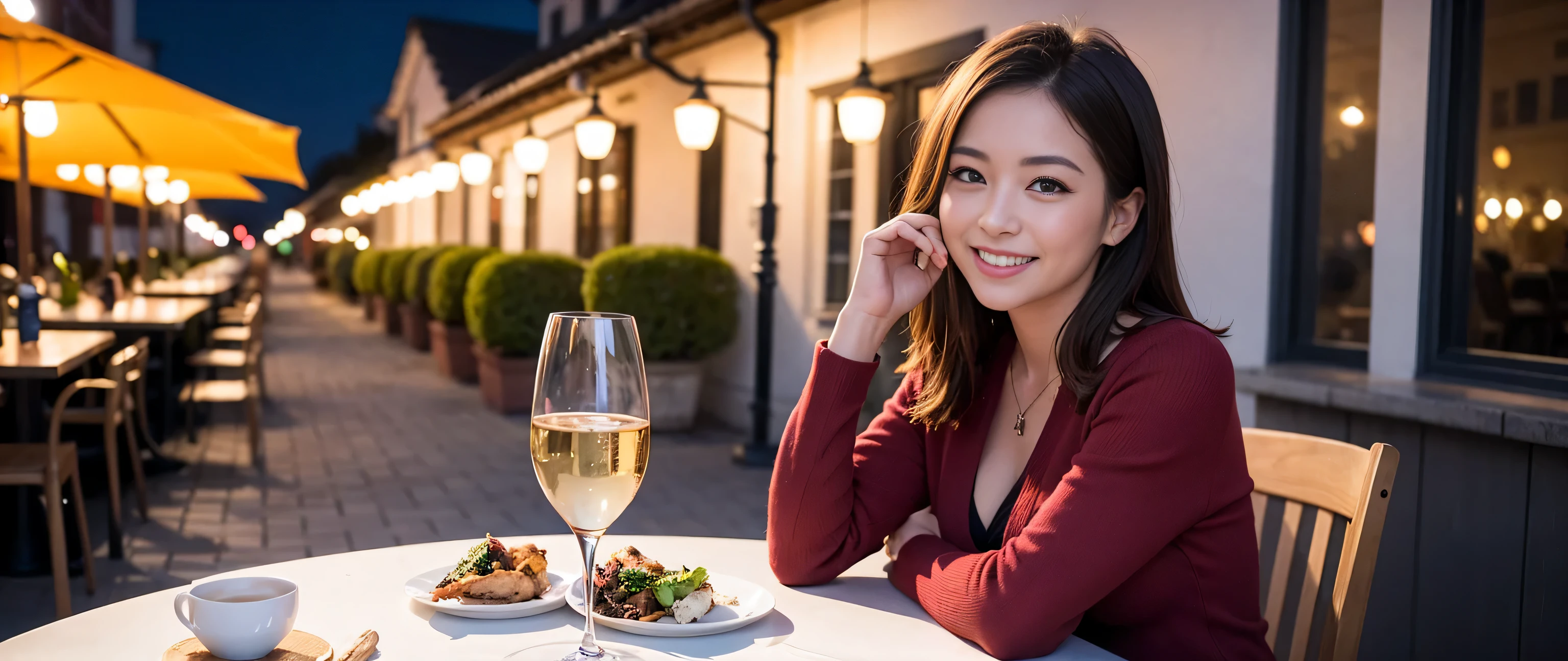 (K UHD, Hmph, highest quality, Tabletop: 1.2), (Realistic, Realistic: 1.37), Spectacular view of the sunset sky and clouds、Amazing mountain views、A bright smile、A lovely woman with a smile、The Woman'Bright face、Fox face、Lady、wine 、Appetizer、Italian food、two beauties、brown hair、Shortcuts、Long sleeve shirt、Winter Fashion、dress、Japanese、Englishman、Dutch、German、Belgian、Italian、French,Wine Bottle、Appetizer、Champagne、Sparkling wine、Pretty Woman 1, (slim face), (Because I'm Slim), (brown hair), (Shortcuts), cheeks turn a little red, (40 years old), 38 years old, charming beauty、, Outside the window, a beautiful and detailed night view unfolds..........., restaurant, Wine Glassに座って, At night, In a prominent place (From the waist up) Nova Frog Style, actress, model, Upper Body, White wine, slim, Wine Glass, Very beautiful night view, 真ん中に置かれたWine Glass, smile, (smile: 1.15), Beautiful little eyes,