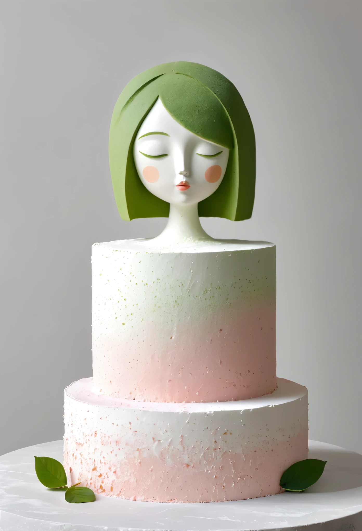 White cake，Matcha powder，Minimalist Sculpture，3D， 1 Girl, Solitary, blush,Rough surface，Surface pattern and texture，Surface scratches，grainy，