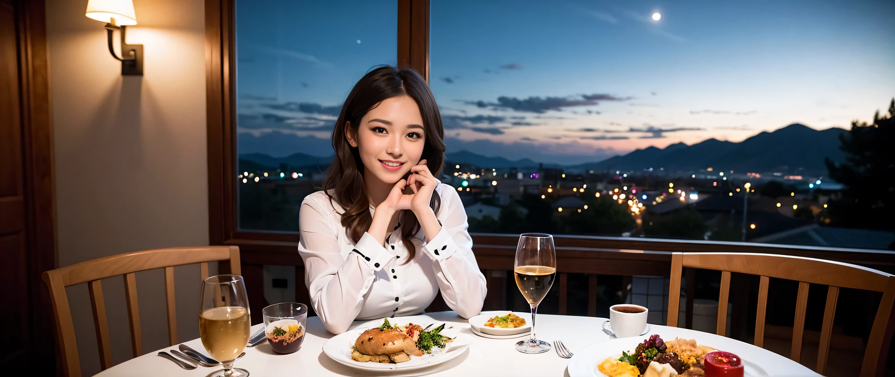 (K UHD, Hmph, highest quality, Tabletop: 1.2), (Realistic, Realistic: 1.37), Spectacular view of the sunset sky and clouds、Amazing mountain views、A bright smile、A lovely woman with a smile、The Woman&#39;Bright face、Fox face、Lady、wine 、Appetizer、Italian food、two beauties、brown hair、Shortcuts、Long sleeve shirt、Winter Fashion、dress、Japanese、Englishman、Dutch、German、Belgian、Italian、French,Wine Bottle、Appetizer、Champagne、Sparkling wine、Pretty Woman 1, (slim face), (Because I&#39;m Slim), (brown hair), (Shortcuts), cheeks turn a little red, (40 years old), 38 years old, charming beauty、, Outside the window, a beautiful and detailed night view unfolds..........., restaurant, Wine Glassに座って, At night, In a prominent place (From the waist up) Nova Frog Style, actress, model, Upper Body, White wine, slim, Wine Glass, Very beautiful night view, 真ん中に置かれたWine Glass, smile, (smile: 1.15), Beautiful little eyes, 