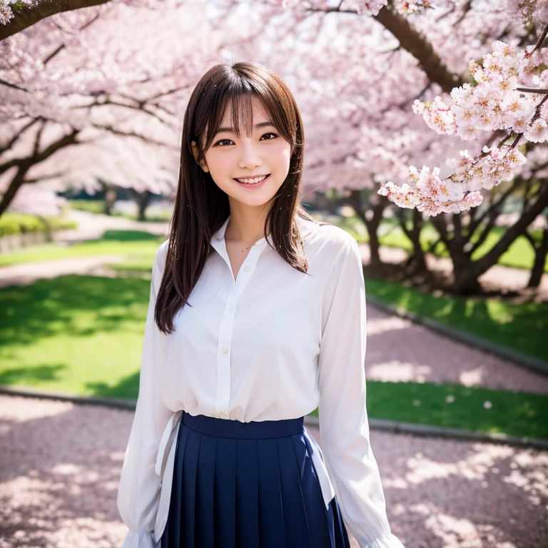 A beautiful Japanese teenage girl stands in front of a cherry blossom tree in full bloom, looking at her and smiling, wearing a white long-sleeved blouse and navy blue skirt, the  designated by her Japanese high school. Focal length 100mmf/2.8, spring evening, sunny, sunlight filtering through the trees, gentle wind, cherry blossom petals dancing around, well-shaped face, short hair, toned body, realistic feeling, 8K image quality, highest quality.