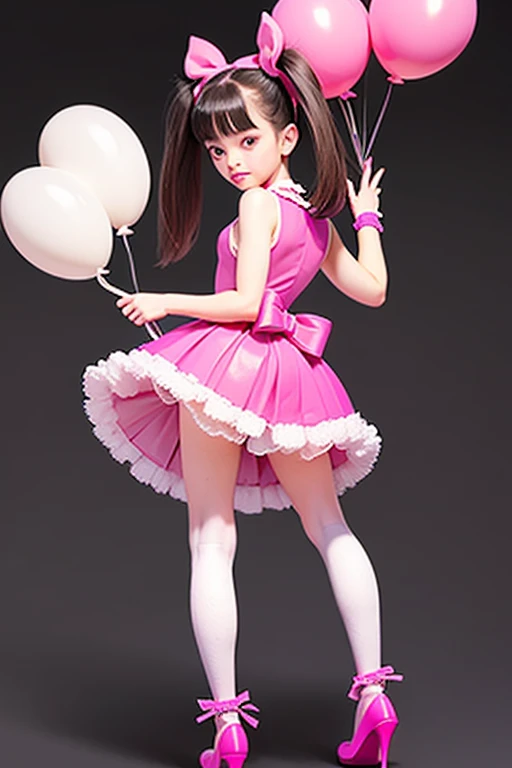 a 8 ********* girl, ((having a lot of balloons)) , real photo, (((full body))), (looking back at me), twin tails, pink leather dress, looing down at me,