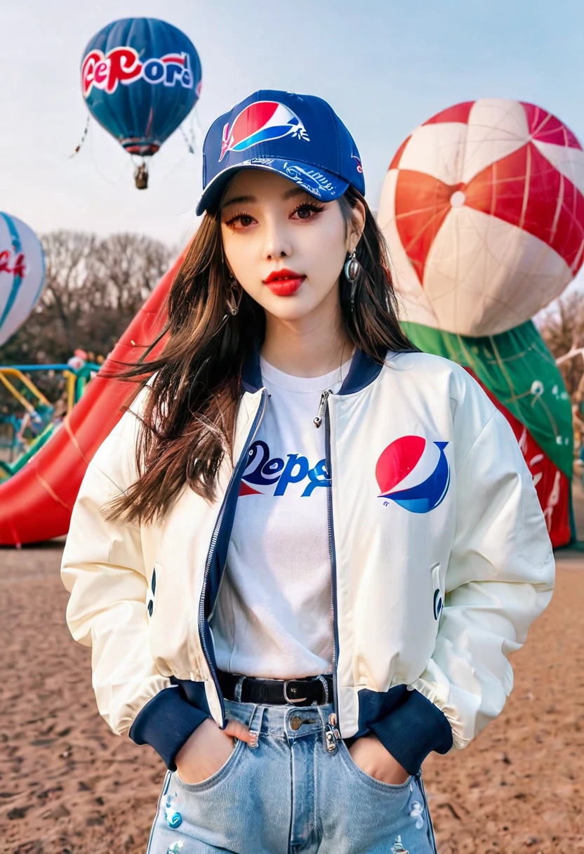 Araffe wears a white Pepsi jacket and baseball cap standing in front of a playground filled with lots of hot air balloons, Pepsi, she wears streetwear, jeans, soda themed girl, Krystal, Ulzzang, Bae Suzy, Lalisa Manobal, bomber jacket, jacket, Dilraba Dilmurat, 2 0 2 0 fashion , bella poarch, wearing athletic clothes, sports jackets