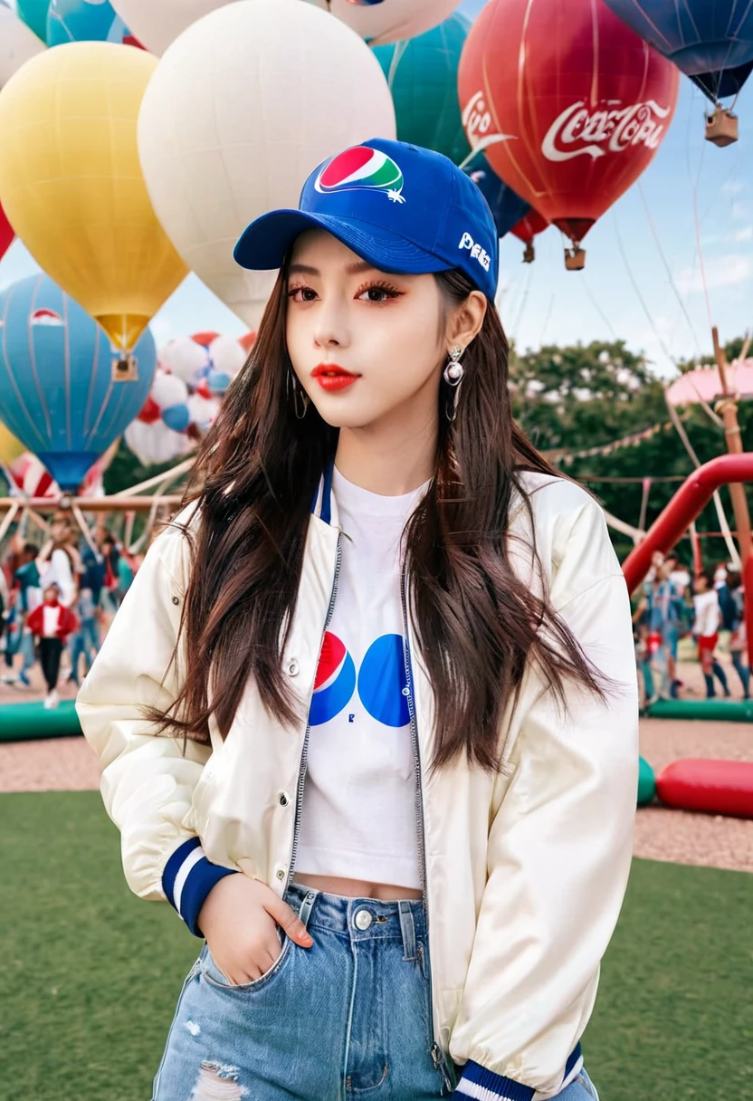 Araffe wears a white Pepsi jacket and baseball cap standing in front of a playground filled with lots of hot air balloons, Pepsi, she wears streetwear, jeans, soda themed girl, Krystal, Ulzzang, Bae Suzy, Lalisa Manobal, bomber jacket, jacket, Dilraba Dilmurat, 2 0 2 0 fashion , bella poarch, wearing athletic clothes, sports jackets