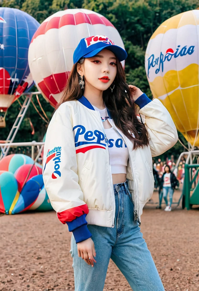 Araffe wears a white Pepsi jacket and baseball cap standing in front of a playground filled with lots of hot air balloons, Pepsi, she wears streetwear, jeans, soda themed girl, Krystal, Ulzzang, Bae Suzy, Lalisa Manobal, bomber jacket, jacket, Dilraba Dilmurat, 2 0 2 0 fashion , bella poarch, wearing athletic clothes, sports jackets