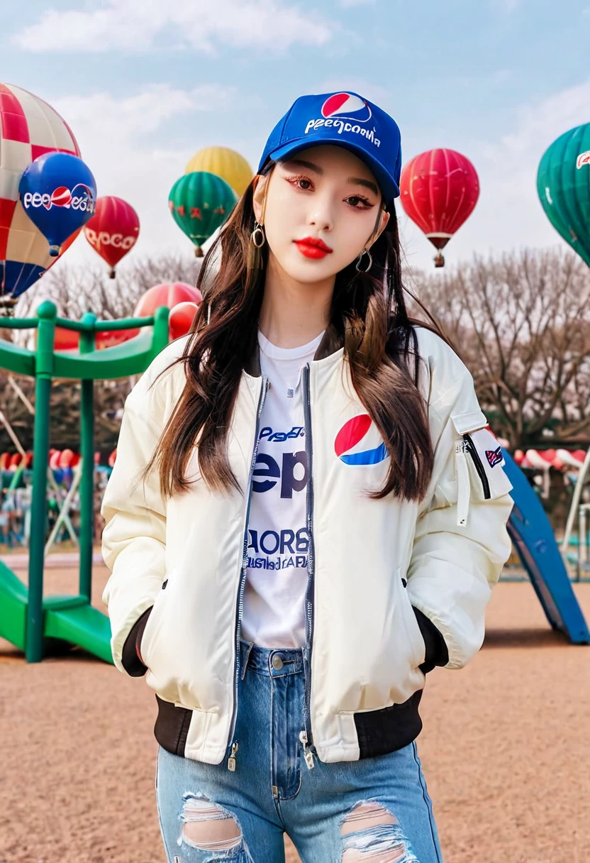 Araffe wears a white Pepsi jacket and baseball cap standing in front of a playground filled with lots of hot air balloons, Pepsi, she wears streetwear, jeans, soda themed girl, Krystal, Ulzzang, Bae Suzy, Lalisa Manobal, bomber jacket, jacket, Dilraba Dilmurat, 2 0 2 0 fashion , bella poarch, wearing athletic clothes, sports jackets