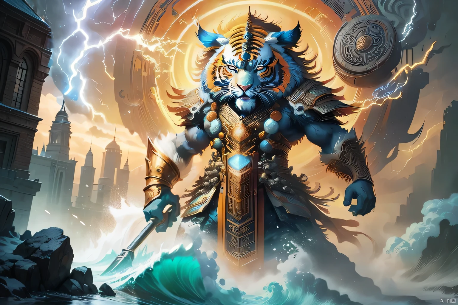 a close up of a painting of a tiger with a hammer, kaladesh concept art. Mechanical, a wizard battling a tiger, 《Smite》Nezha, kaladesh, tiger_beast, Magic artwork, Magic the Gathering Card Art, Magic art, Symmetrical epic fantasy art, Epic Fantasy Card Game Art, Art fantastique 4k,lightning,Rushing water,A giant sword surrounded by lightning