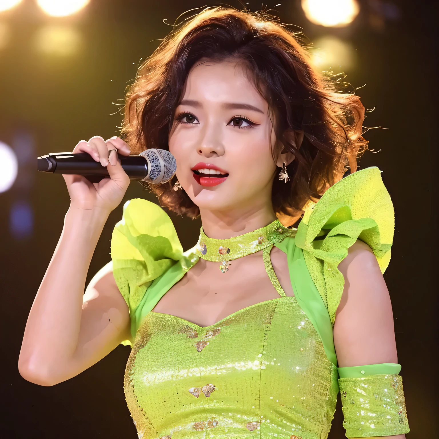 ((Best quality, 8K, Masterpiece :1.3)), 1 woman with a stunning figure: 1.4, Bich: 1.2, Short, curly hair: 1.2, Red lipstick: 1.1, Bright yellow dress: 1.1, Confident pose: 1.2, Detailed facial features, Energetic eyes, Eye-catching outfits, Arms crossed, Singing into a microphone.