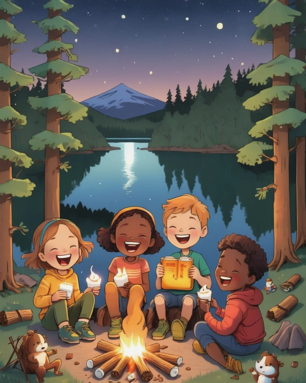 A cheerful animated image of a diverse group of children camping under the starlit sky. They're sitting around a crackling campfire, their faces illuminated by the warm light. In front of them, on the campfire, s’mores are melting with gooey marshmallows, creamy chocolate, and crispy graham crackers. The kids appear to be enjoying caramelising their marshmallows over the fire, laughter echoing around the trees. The surrounding landscape is lush with tall coniferous trees, and the glimmering lake nearby reflects the moonlight. It's a fun, summer night cartoon scene, inspiring warmth and camaraderie.