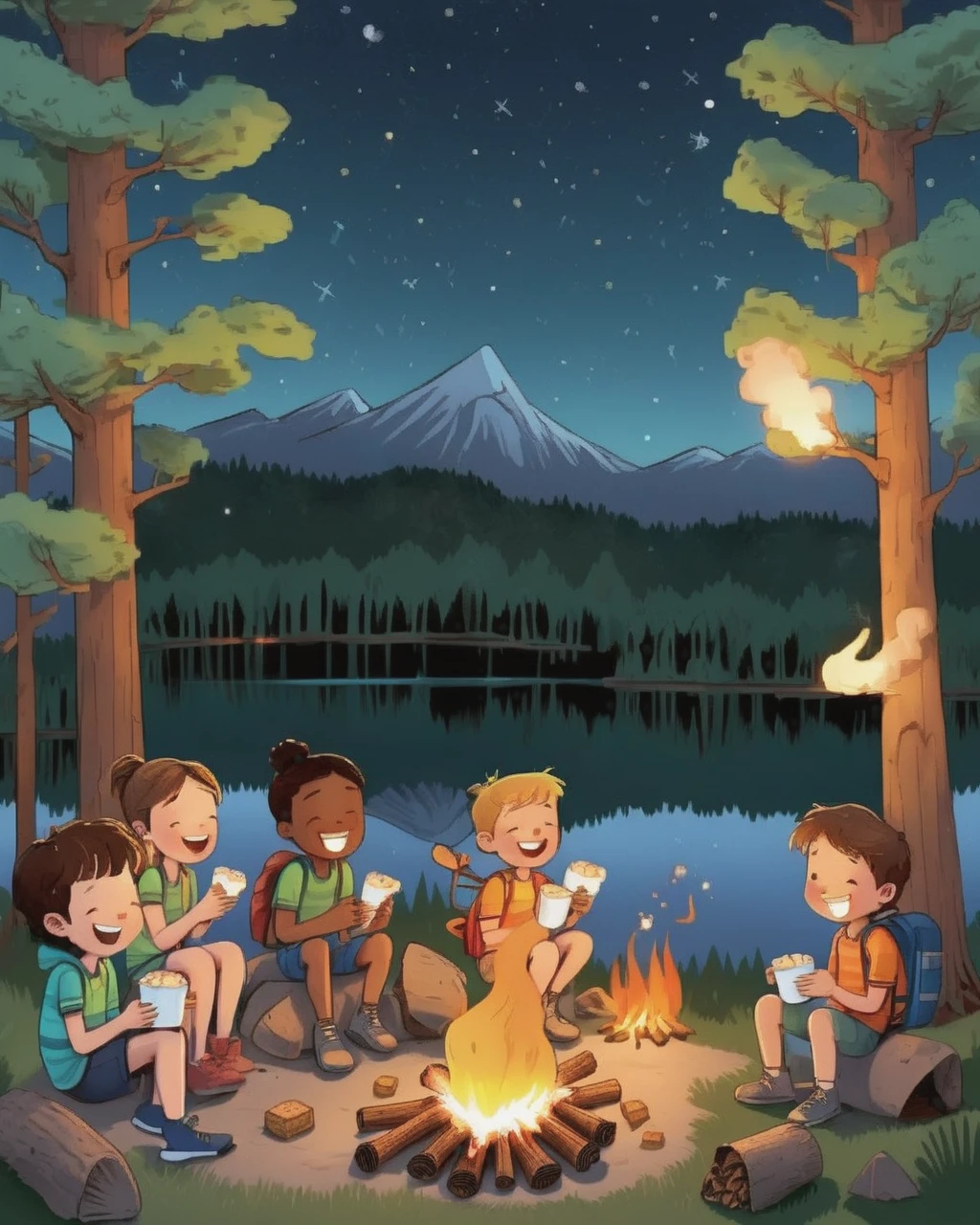 A cheerful animated image of a diverse group of children camping under the starlit sky. They're sitting around a crackling campfire, their faces illuminated by the warm light. In front of them, on the campfire, s’mores are melting with gooey marshmallows, creamy chocolate, and crispy graham crackers. The kids appear to be enjoying caramelising their marshmallows over the fire, laughter echoing around the trees. The surrounding landscape is lush with tall coniferous trees, and the glimmering lake nearby reflects the moonlight. It's a fun, summer night cartoon scene, inspiring warmth and camaraderie.