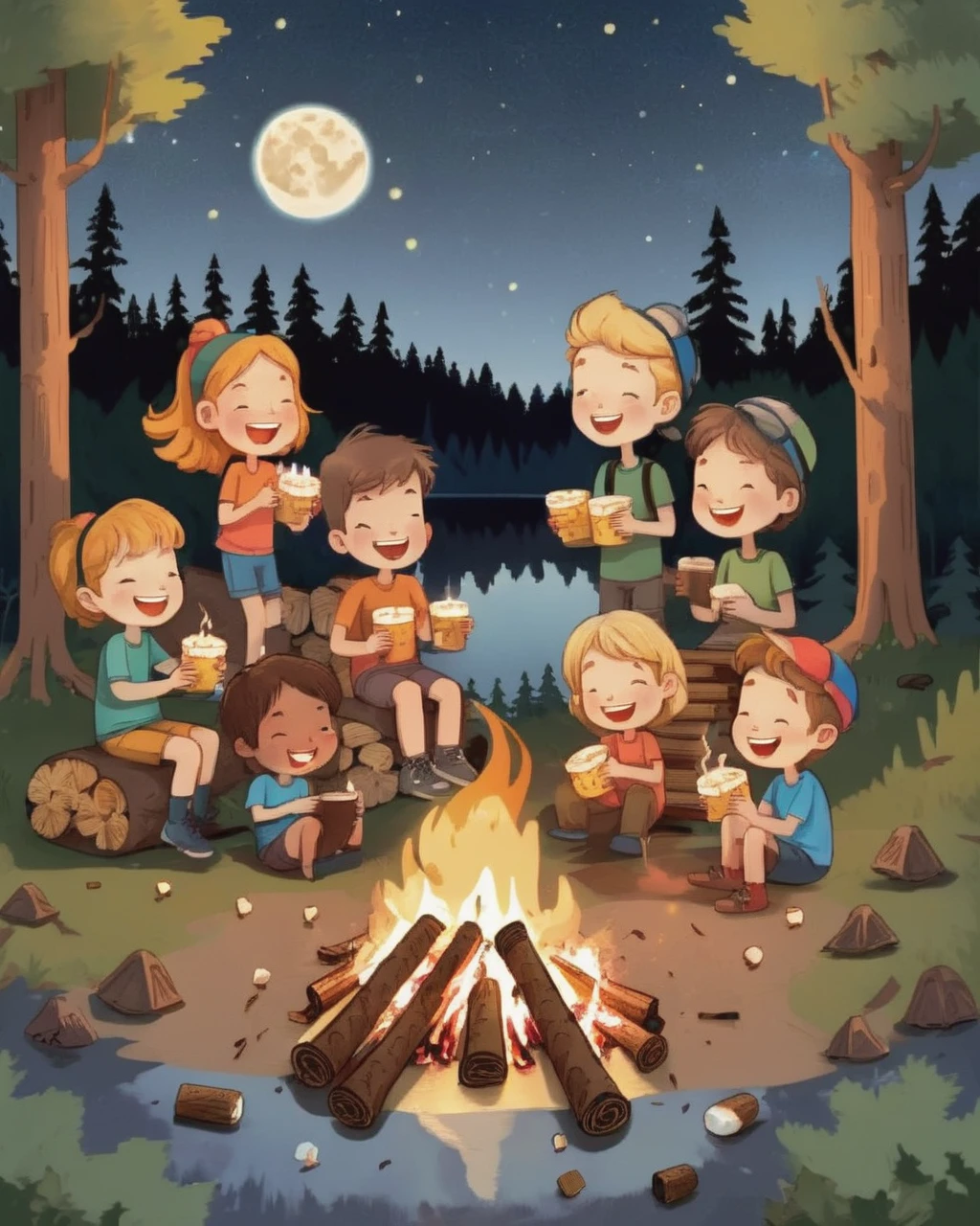 A cheerful animated image of a diverse group of children camping under the starlit sky. They're sitting around a crackling campfire, their faces illuminated by the warm light. In front of them, on the campfire, s’mores are melting with gooey marshmallows, creamy chocolate, and crispy graham crackers. The kids appear to be enjoying caramelising their marshmallows over the fire, laughter echoing around the trees. The surrounding landscape is lush with tall coniferous trees, and the glimmering lake nearby reflects the moonlight. It's a fun, summer night cartoon scene, inspiring warmth and camaraderie.