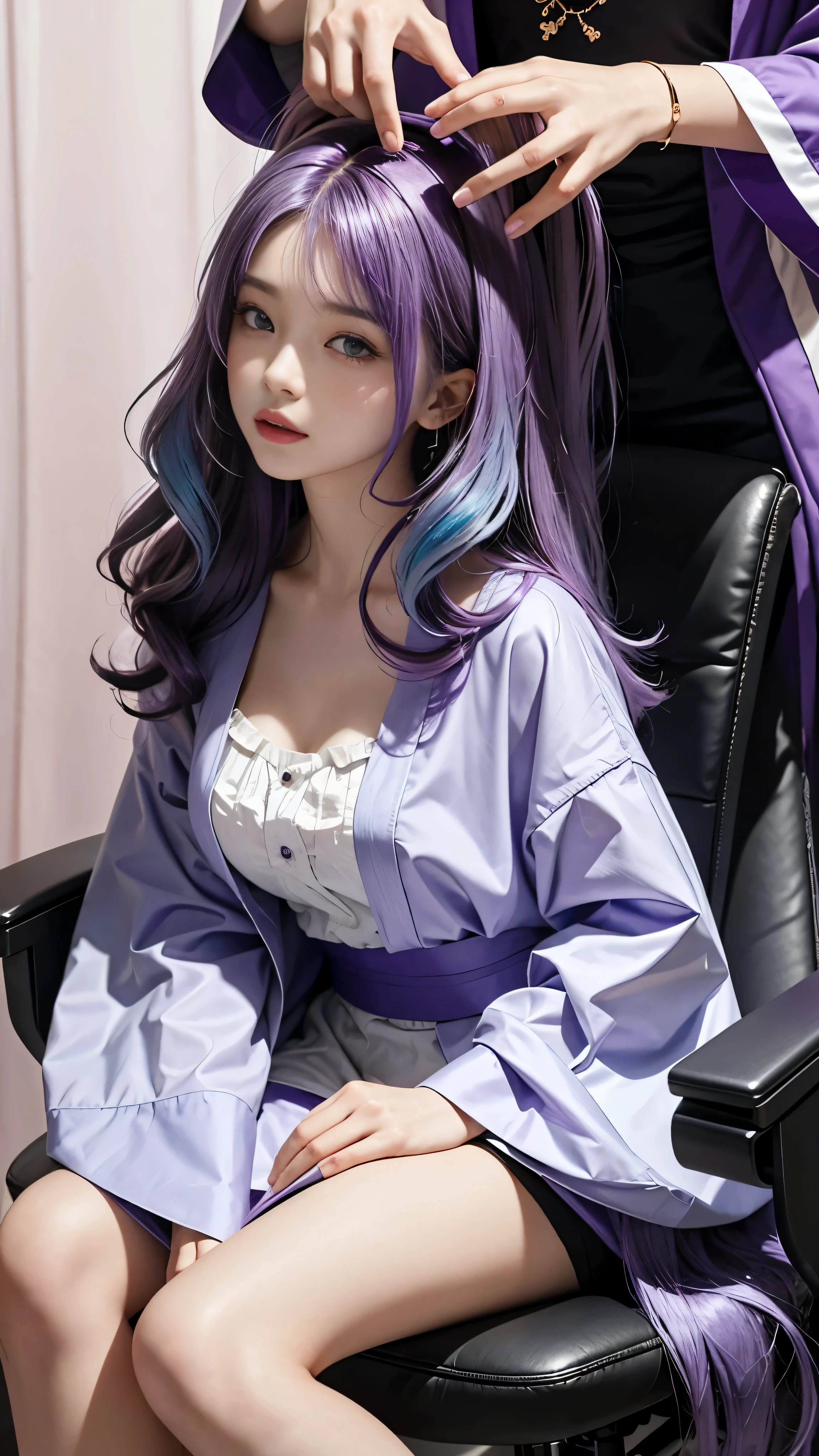 A captivating character with luscious purple hair is in the process of having her locks transformed during a hair coloring session. Her hair is adorned with vibrant purple highlights and streaks, adding an enchanting iridescence to her tresses. The rich hue of violet cascades down her back in long, flowing waves, brilliantly reflecting the soft light. Her hair exhibits a captivating blend of purplish tones, from lavender to deep violet, creating a mesmerizing contrast against her fair complexion. As she adjusts in her chair, one can't help but be drawn to her mesmerizing two-toned hair, a true expression