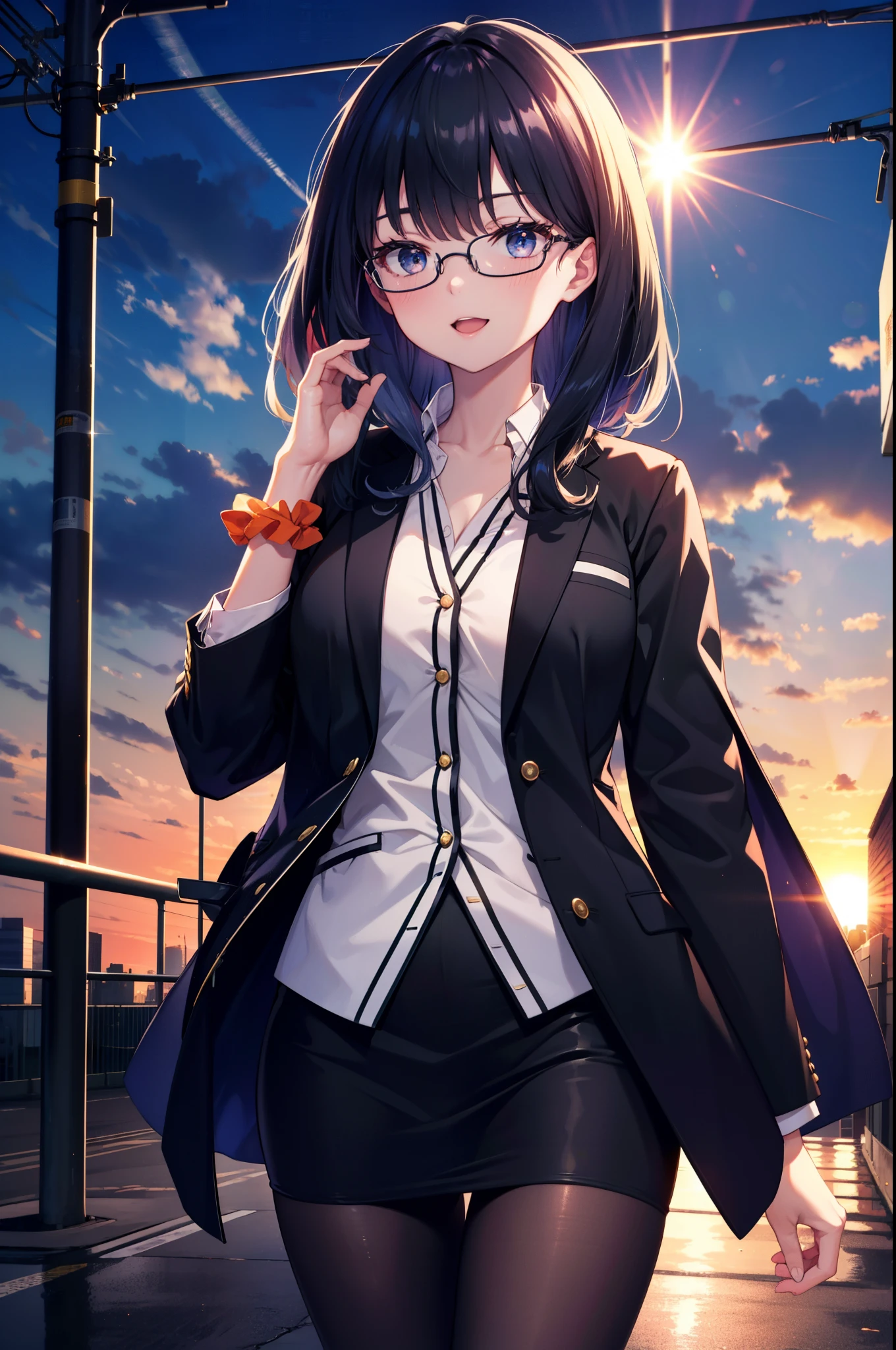 Rikka body, rikka takarada, Black Hair, blue eyes, Long Hair, happy smile, smile, Open your mouth,orange Scrunchie, Scrunchie, wrist Scrunchie,OL, Akagi glasses,  black suit jacket, Collared jacket, White dress shirt, Collared shirt, Neckline, button, Black pencil skirt, Black pantyhose,Stiletto heels,evening,sunset,The sun is setting,walking,So that the whole body goes into the illustration,
break outdoors,In town,Building district,シティストリート
break looking at viewer, (Cowboy Shot:1.5),
break (masterpiece:1.2), highest quality, High resolution, unity 8k wallpaper, (figure:0.8), (Beautiful fine details:1.6), Highly detailed face, Perfect lighting, Highly detailed CG, (Perfect hands, Perfect Anatomy),
