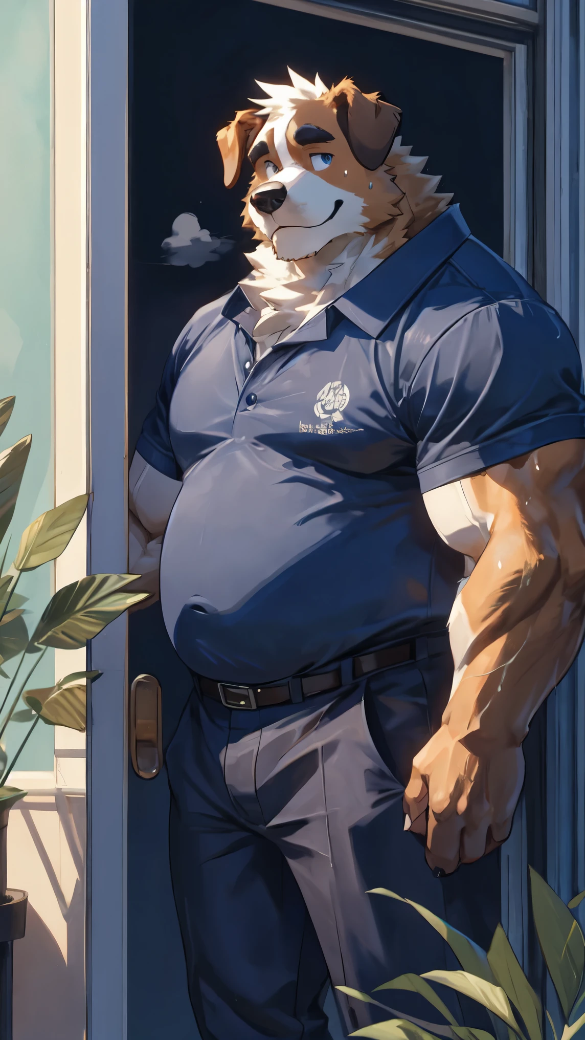 Dogs are fluffy，personal，middle aged，St. Bernard，adult，big，strong，Slightly fat，muscle，teacher，outdoor，Sweat，Wet short sleeves，stand at the door，Smile，Anime style，Blue Theme，Green Plants