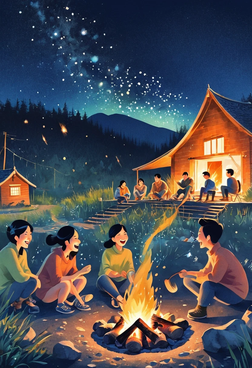 A group of friends sitting around a campfire,Their laughter and stories mingled with the crackling fire.,Night Sky上闪烁着星星,(Bonfire Friendship),(tell a story),(Night Sky),Bonds of friendship, (Storybook illustration:1.7)、maximalism