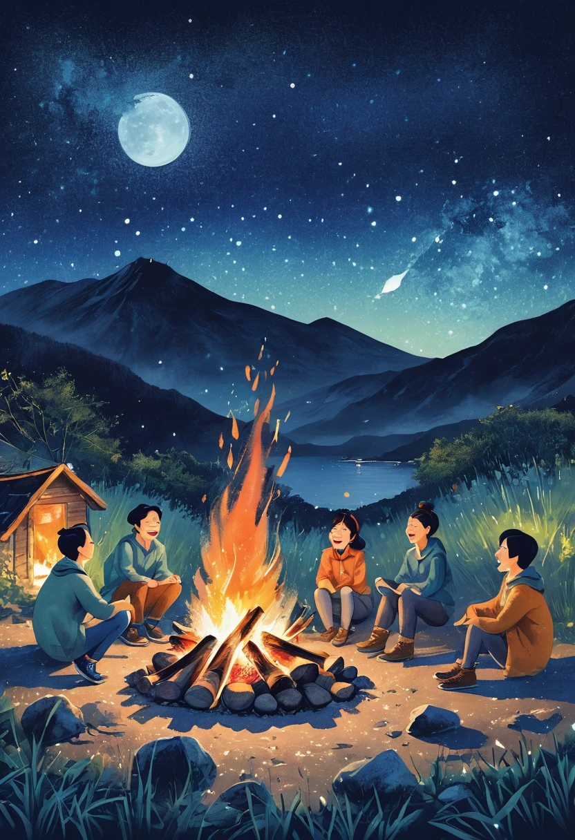 A group of friends sitting around a campfire，Their laughter and stories mingled with the crackling fire.，Night Sky上闪烁着星星，(Bonfire Friendship)，(tell a story)，(Night Sky)，Bonds of friendship, (Storybook illustration:1.7)、maximalism