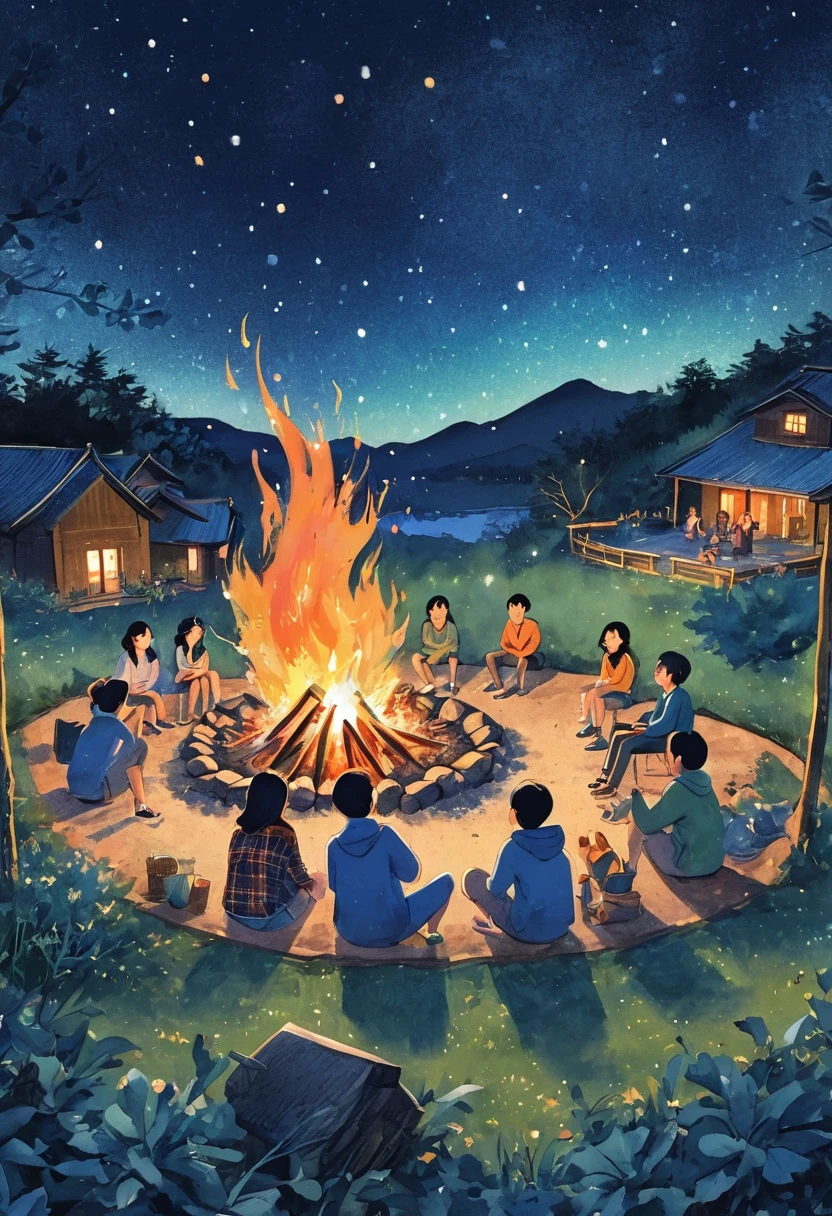 A group of friends sitting around a campfire，Their laughter and stories mingled with the crackling fire.，Night Sky上闪烁着星星，(Bonfire Friendship)，(tell a story)，(Night Sky)，Bonds of friendship, (Storybook illustration:1.7)、maximalism