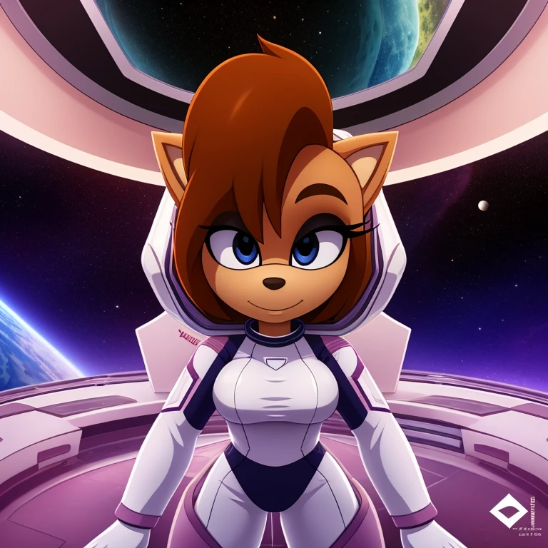 ((masterpiece)), studio quality, highly detailed, extreme detailed, high quality, max detailed, hyper detailed, space, universe, 1girl, hamset, attractive, gorgeous body, medium breast, brown short hair, galactic eyes, spacesuit, logo parody, logo