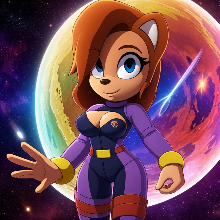 ((masterpiece)), studio quality, highly detailed, extreme detailed, high quality, max detailed, hyper detailed, space, universe, 1girl, hamset, attractive, gorgeous body, medium breast, brown short hair, galactic eyes, spacesuit, logo parody, logo