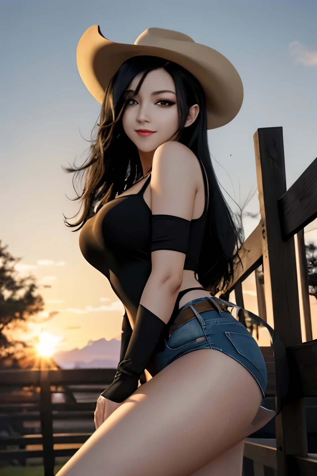 High resolution, Art, digit, Facing the camera, dusk, Light, (alone: 1.4), (((Black hair))), eyelashes, long legs, long curvy hair, sexy pose, close view, sun, hazel eyes, seductive smile, Masterpiece, 8K, full figure, anime, cowgirl, jeans