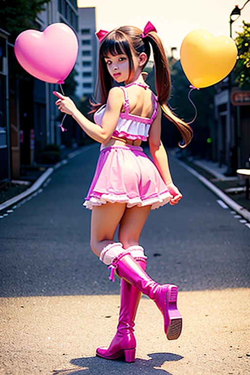 (holding ballons), (((full body))), real photo,  girl, Brat female , (((drawers))), ((looking back at me)), twin tails, big ribbon, pink boots,