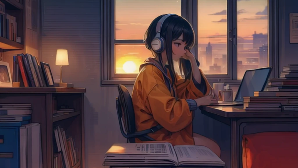 A woman sitting at a desk and reading a book, evening, sunset, Next to the window, Pixel art, Using headphones
