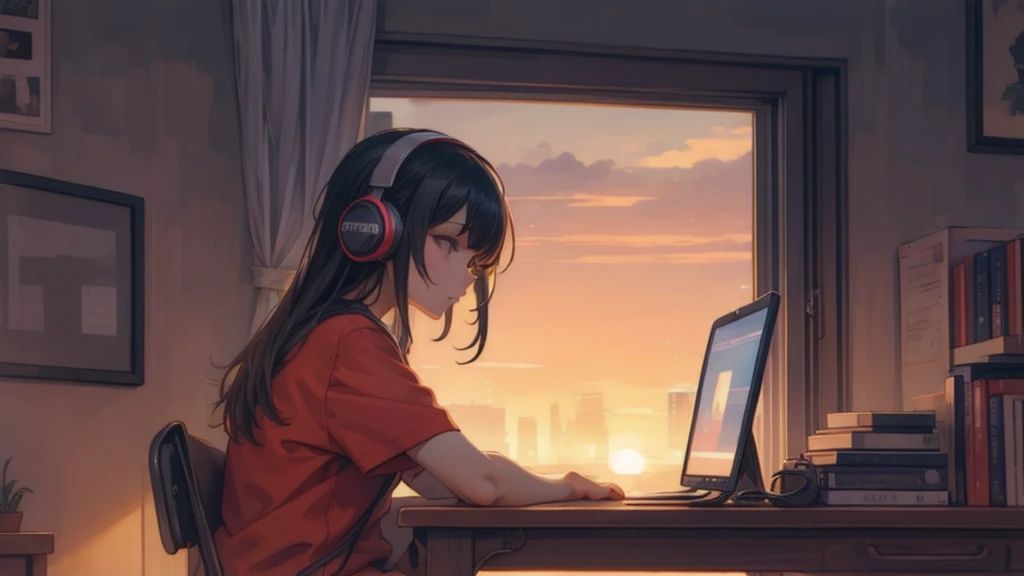 A woman sitting at a desk and reading a book, evening, sunset, Next to the window, Pixel art, Using headphones