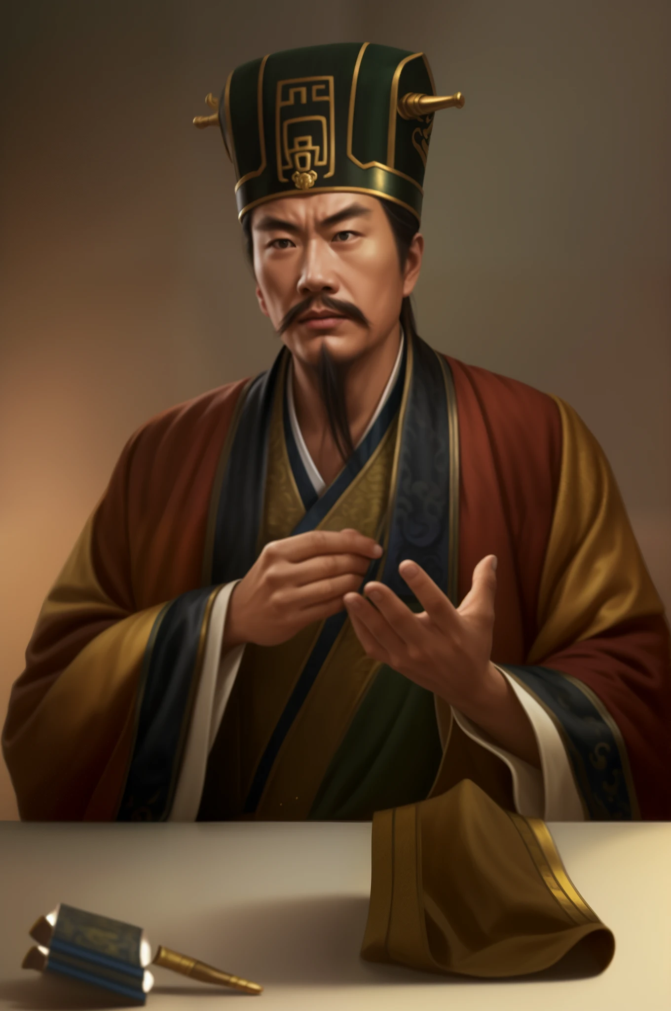 The painting shows a man wearing a hat and robe sitting at a table, inspired by Cao Zhibai, Inspired by Dong Yuan, Inspired by Emperor Xuande, Inspired by Li Cheng, inspired by Wu Daozi, Inspired by Zhang Sengyou, Inspired by Hu Zaobin, Inspired by Wu Bin, Inspired by Zhang Lu, Inspired by Zhu Derun