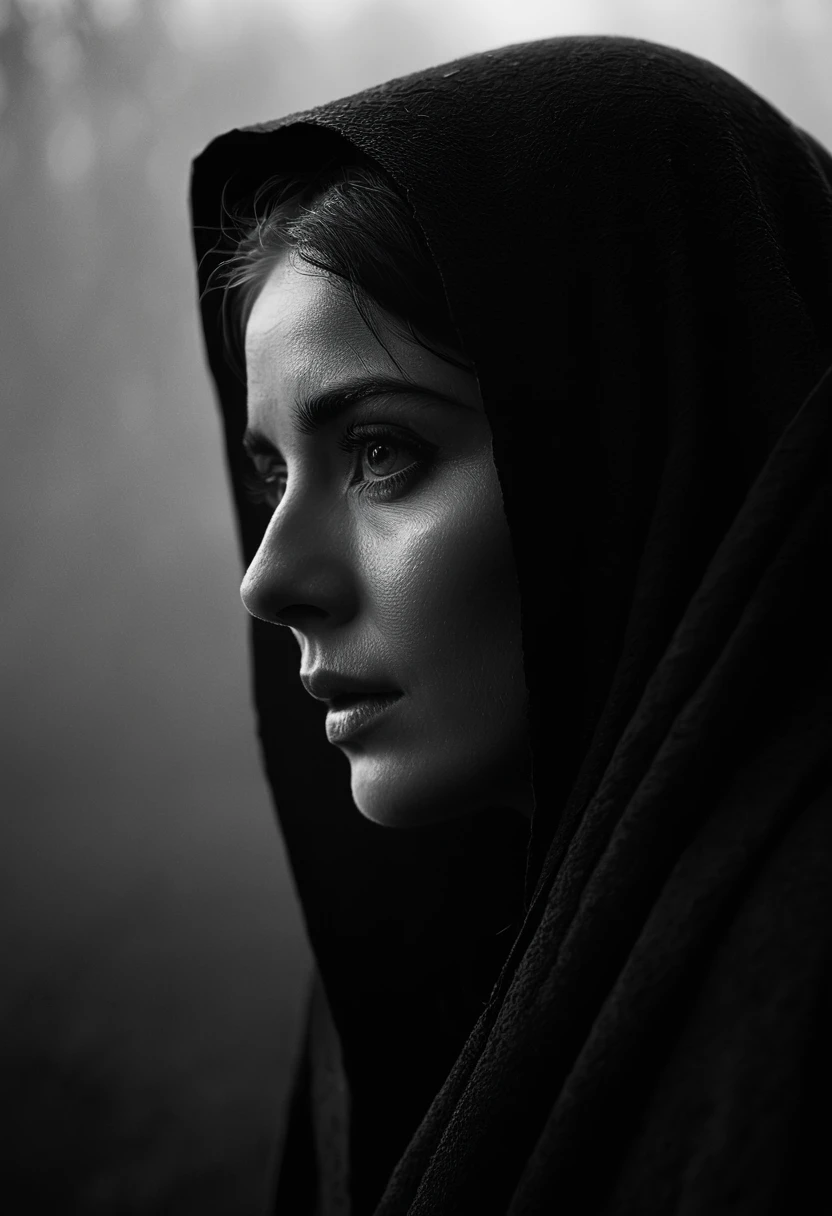 "(best quality,4k,8k,highres,masterpiece:1.2),ultra-detailed,realistic,portrait,shadow,dark environment,mysterious atmosphere,dramatic lighting,haunting,black and white,expressive eyes,subtle textures,fine art,contrast,night scene,deep shadows,ethereal,moody,soft focus,emotive,black cloak,mysterious figure,faint glow,subtle details,hidden face,ambient light,foggy environment,desolate landscape,loneliness,silhouette,whispering secrets,undulating shadows,sublime beauty"