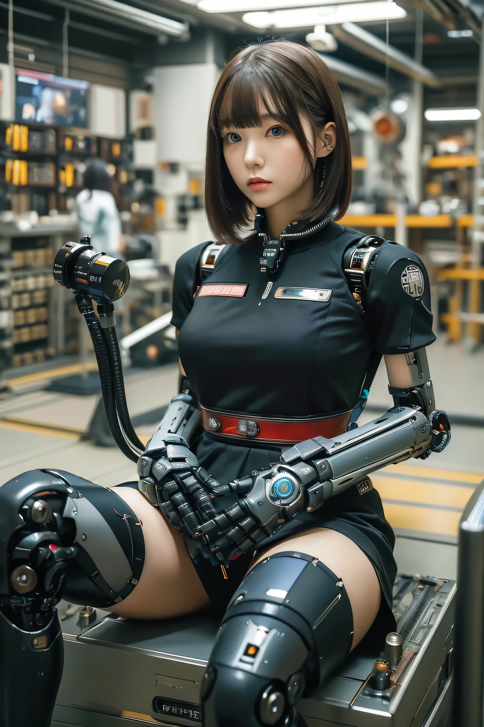 masterpiece, best quality, extremely detailed, Japaese android girl,portrait,Plump,a bit chubby,control panels,android,Droid,Mechanical Hand, Robot arms and legs,Blunt bangs,perfect robot girl,long tube,thick cable connected her neck,android,robot,humanoid,cyborg,future laboratory,robot laboratory,maintenance,connecting a cable between the legs,skirt, She is charging now,blue eyes,