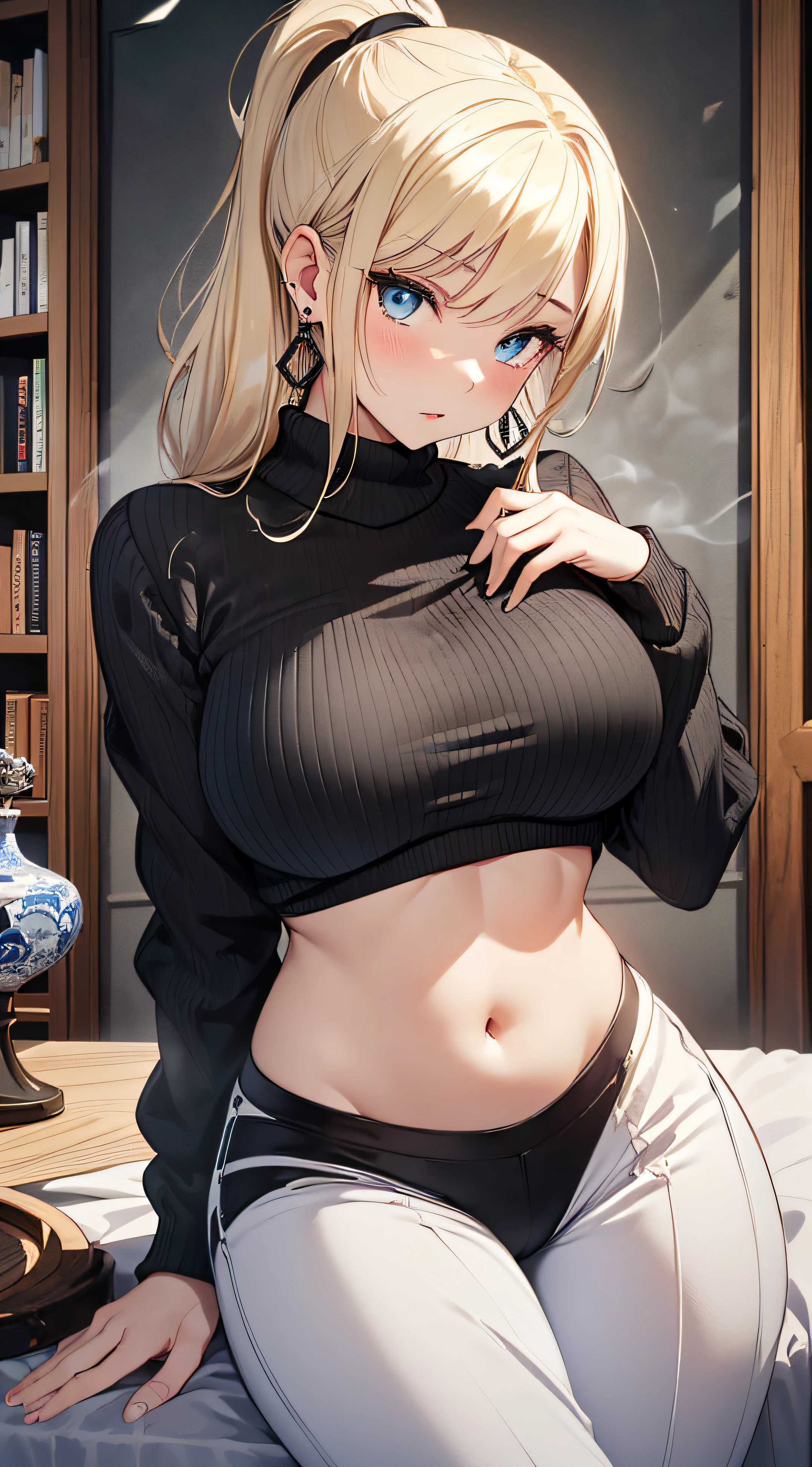 top-quality、Top image quality、​masterpiece、girl with((18year old、Best Bust、big bast,Beautiful blue eyes、Breasts wide open, Blonde ponytail、A slender,Large valleys、Black sweater with open chest、White pants、Ruby Earrings、Doya face、Undressing Pose)）hiquality、Beautiful Art、Background with((spacious room at night、cool illumination、Black Wall、white table、Black Bookshelf、black chest of drawers、Aroma diffuser)))、,masutepiece、visualart、depth of fields、