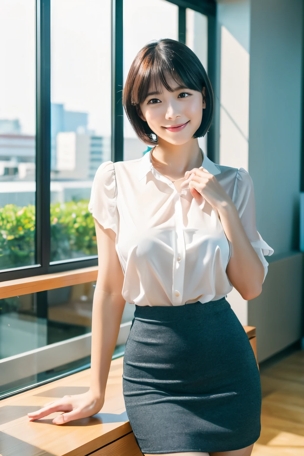 (8k、RAW photo、highest quality、masterpiece:1.2)、character focus、perfect cute girl、cute、(small face)、(Office Lady:1.2)、(short bob:1.2)、gentle smile、Shiny skin、(beautiful leg line)、thin waist、big breasts、beautiful breasts、(blouse、tight skirt)、high heels、Transparent skin、High transparency、(slender and beautiful girl)、(shiny)、view audience、beautiful thighs、office interior、Bokeh.