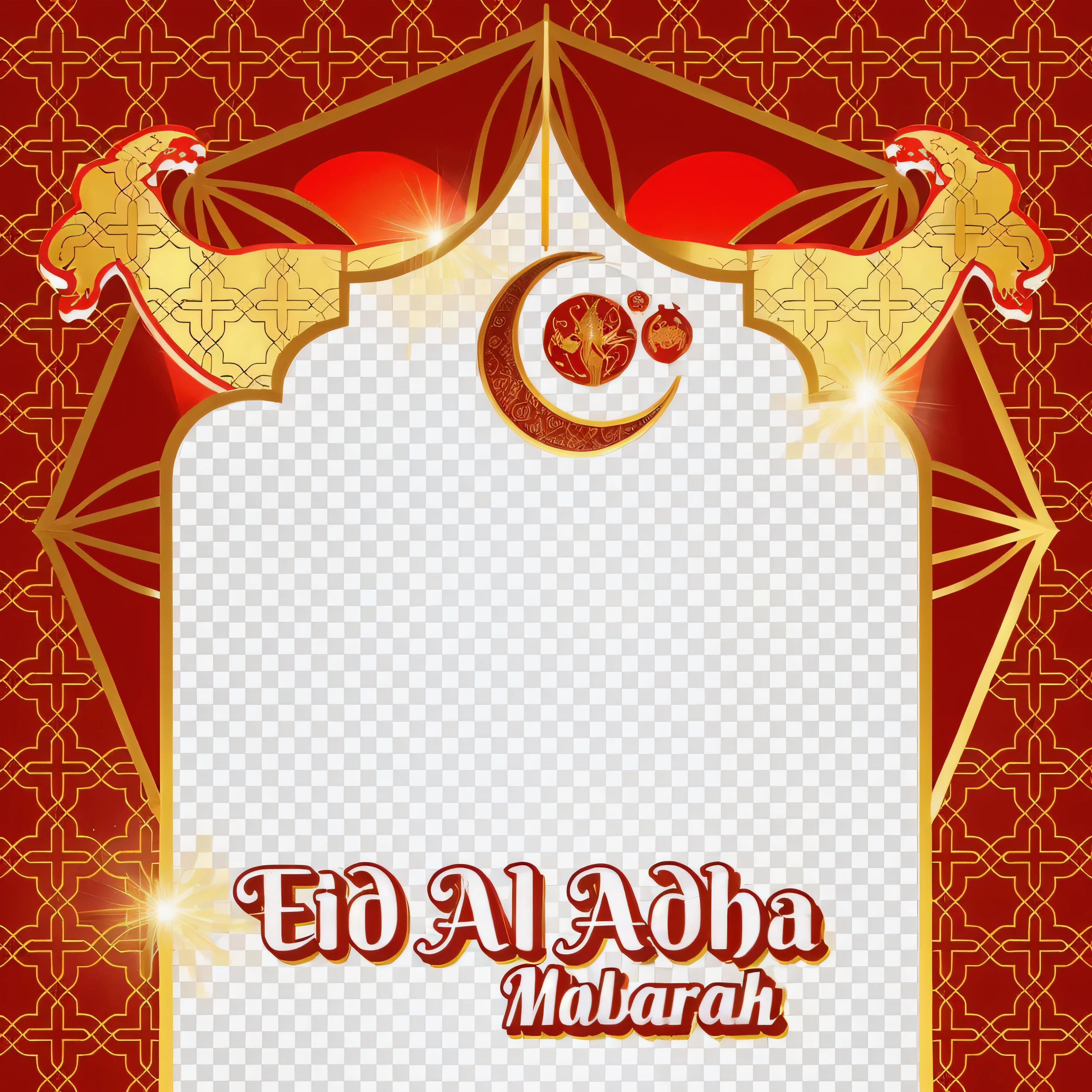 a red and gold islamic greeting with a crescent and a crescent, best on adobe stock, poster background, created in adobe illustrator, isolated background, isolated on white background, full card design, made in adobe illustrator, made with illustrator, arabian night, red and gold cloth, header text”, on a red background, full device, alphonse mucha background, in red background