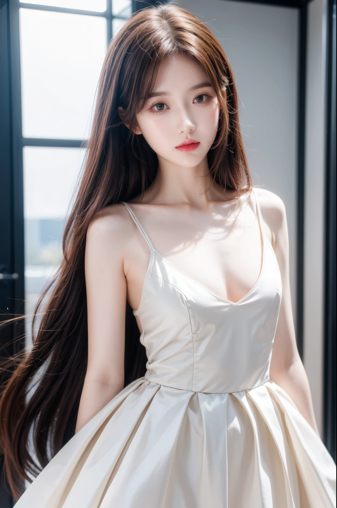 A  with long red hair, Heterochromic Eyes, Pale skin, flat chest, Wearing a black dress with a crisp pink shirt, More elegant and refined, Something that matches her mysterious and strong personality. comprehensive, Her presence will attract attention, Attract curious and curious eyes, flat chested, Movie Lighting, Chromatic Aberration, Backlight, masterpiece, High Detail, high quality, 4K.
