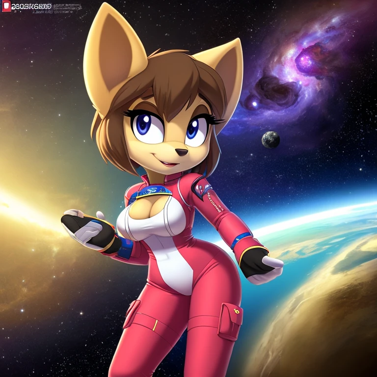 ((masterpiece)), studio quality, highly detailed, extreme detailed, high quality, max detailed, hyper detailed, space, universe, 1girl, hamset, attractive, gorgeous body, medium breast, brown short hair, galactic eyes, spacesuit, logo parody, logo