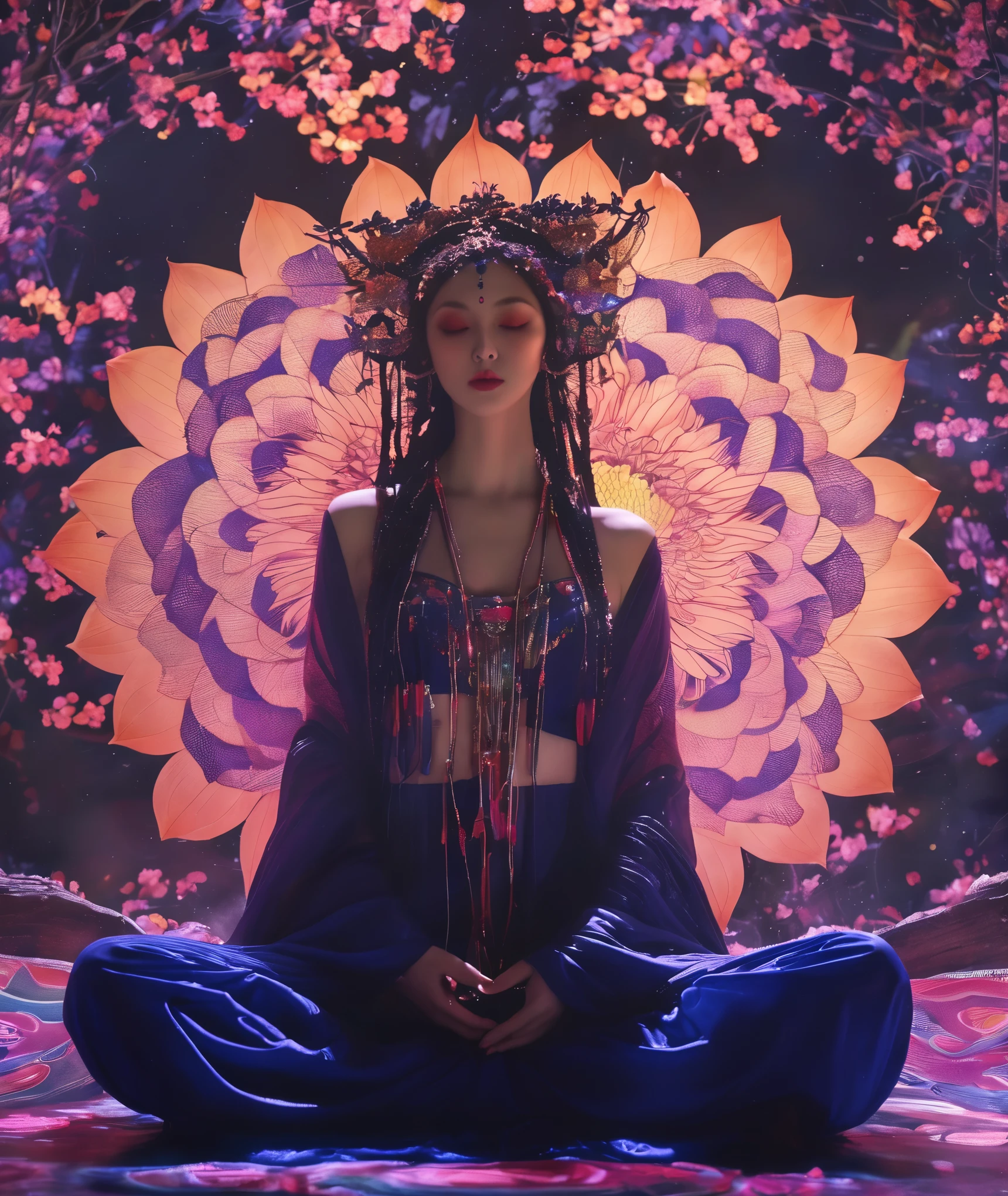 fullbody Photography of lotus pose girl,anatomically correct,Raw, cinematic shot, (sharp focus:1.5), (photorealistic:1.4), twilight lighting, volumetric lighting, ultra high res, 16K,dramatic lighting, abstract backgrounds:1.5)(zentangle,datura,Tangles,entangled:0.7)Kitsune witch,kitsune mask,Haori jacket, foxfire spell, fox family, transformation, depth of field, Fantastical Atmosphere, The most beautiful form of chaos, ellegance, Dark theme of Fauvist design, Flower of Death, Flowers of ecstasy,Glowing Line,Glow Example,Tracking example,flash, Backlight,translucent,light particles,Xill