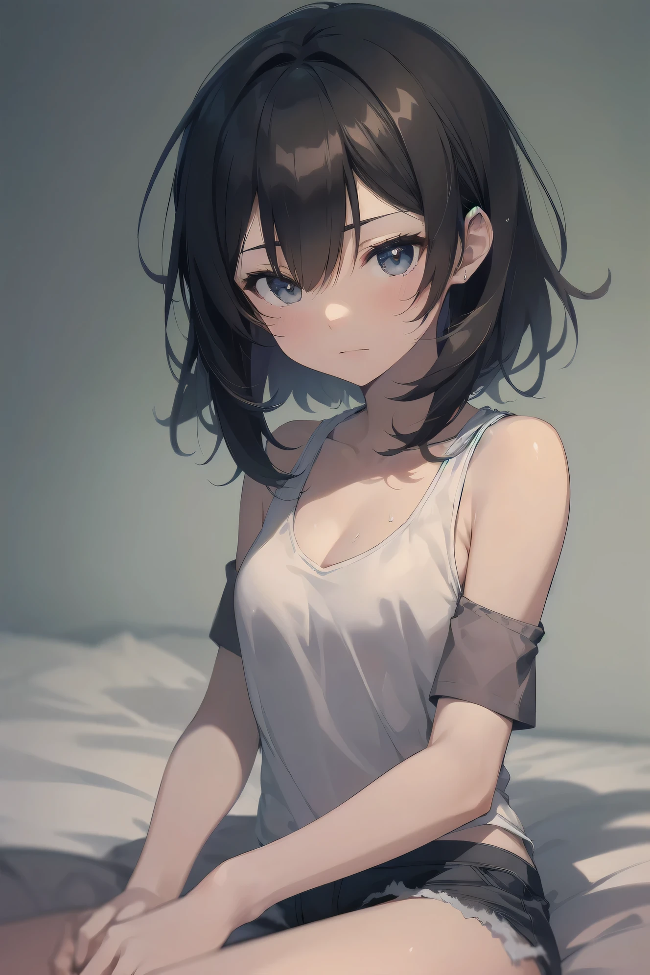 ultra-absurdres-Top quality by artist God, ultra-detailed, high resolution, anime moe artstyle, best anime 8k konachan wallpaper, pixiv contest winner, pool:544,eroe,perfect anatomy,break, 1girl, (Please draw a girl sitting on bed and in heat expression. )break,(Solo,little female, 13-year-old:1.3),Full limbs, complete fingers,a junior high school student, (very short hair), short cut, flat chest, , small butt, small black eyes, beautiful detailed eyes, well-proportioned iris and pupils, expressive eyes, highres detailed hair, blush, in heat, sweat, (Tank top,Shorts:1.2),wet,nipples are visible,lying down, pussy juice dripping from crotch, sitting, on bed, Explicit presenting, sexual pose,heavy breathing, (Detailed Lighting), (Detailed background), in the bedroom, break,shiny skin, super detailed skin, Best sexual lighting powered by famous artist, 8k,beauty illustration, Rating: Explicit, photoshop_(medium),very aesthetic,break,((artist:blade_(galaxist) )), artist:akinashi yuu ,artist:oyari ashito ,artist:kantoku ,