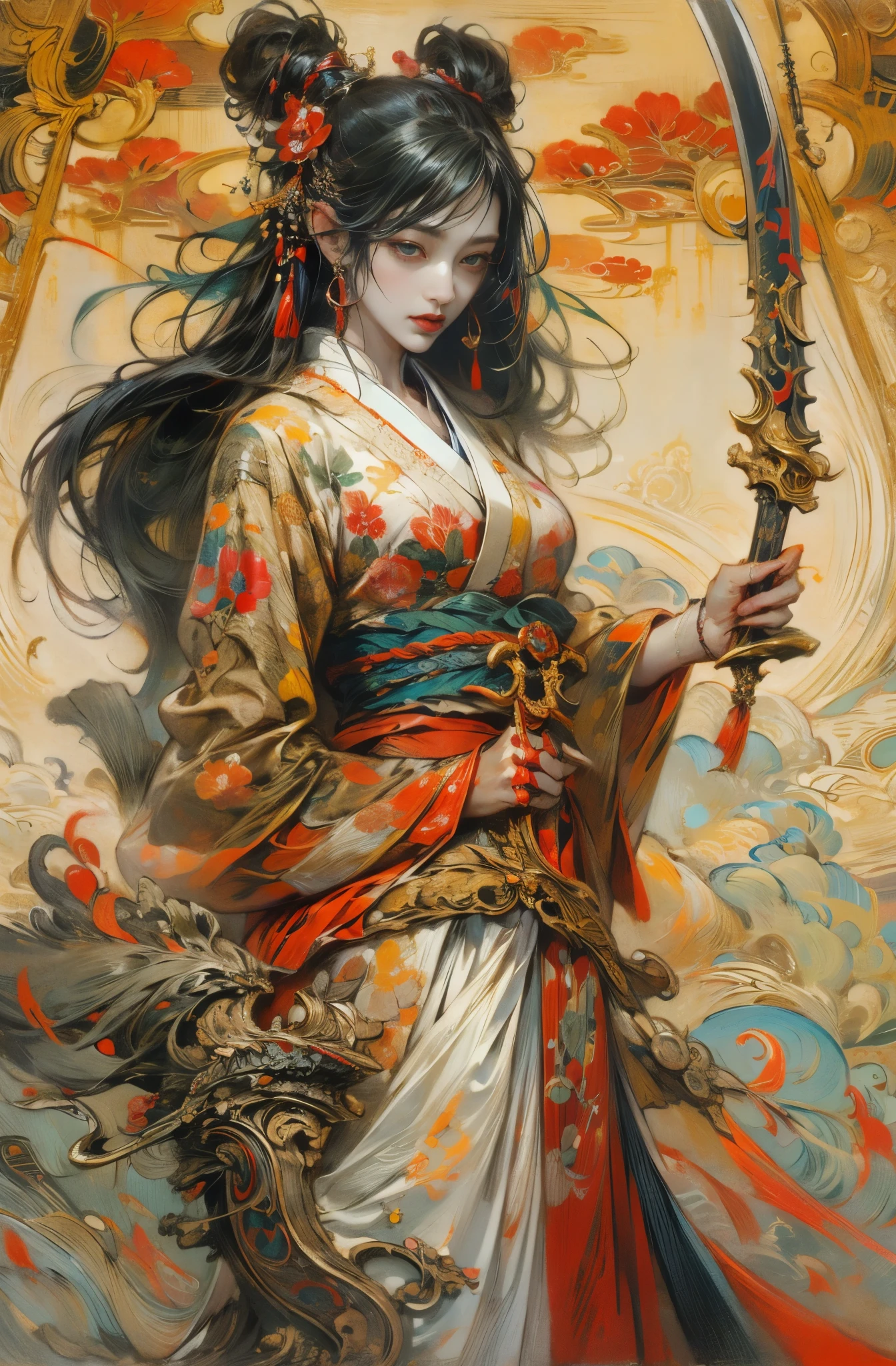 Beautiful demon painting, Demon woman with a Japanese sword, A strong female warrior, fencer, Bodyguard, gambling, Beautiful black-haired demon, Beautiful red kimono, Oiran, The highest ranking prostitute, Ghost Girl, Female Yakuza, Swordmaster, Inspired by Chen Yifei, Works that influenced Francesco Hayes, Inspired by Hendrik Terbruggen, Jean＝Works that influenced Auguste Dominique Ingres, Inspired by Liu Jun, Jean＝Works that influenced Auguste Dominique Ingres, highest quality, The perfect angle, Perfect composition, Best Shot, Official Art, Cinematic Light, Figurative art, Beautiful and expressive paintings, Beautiful artwork illustration, wonderful, Cool Beauty, clear, Mysterious, highest quality, Official Art, Perfect composition,The perfect angle, Best Shot, Female Solo, Sharp contours, pretty much beautiful face, Five fingered hand, demon of kyoto, Lord of the Demons, A cold and heartless demon woman, Demon Queen, Female Yakuza, Full Body Tattoo, wide, Rashomon, Close-up